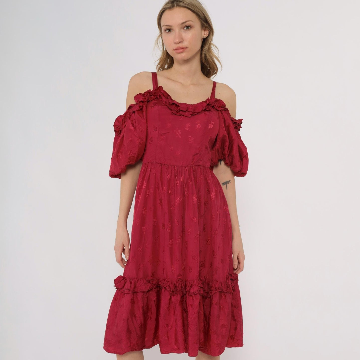 80s Burgundy Off-Shoulder Midi Dress Puff Sleeve Tiered Ruffle Small