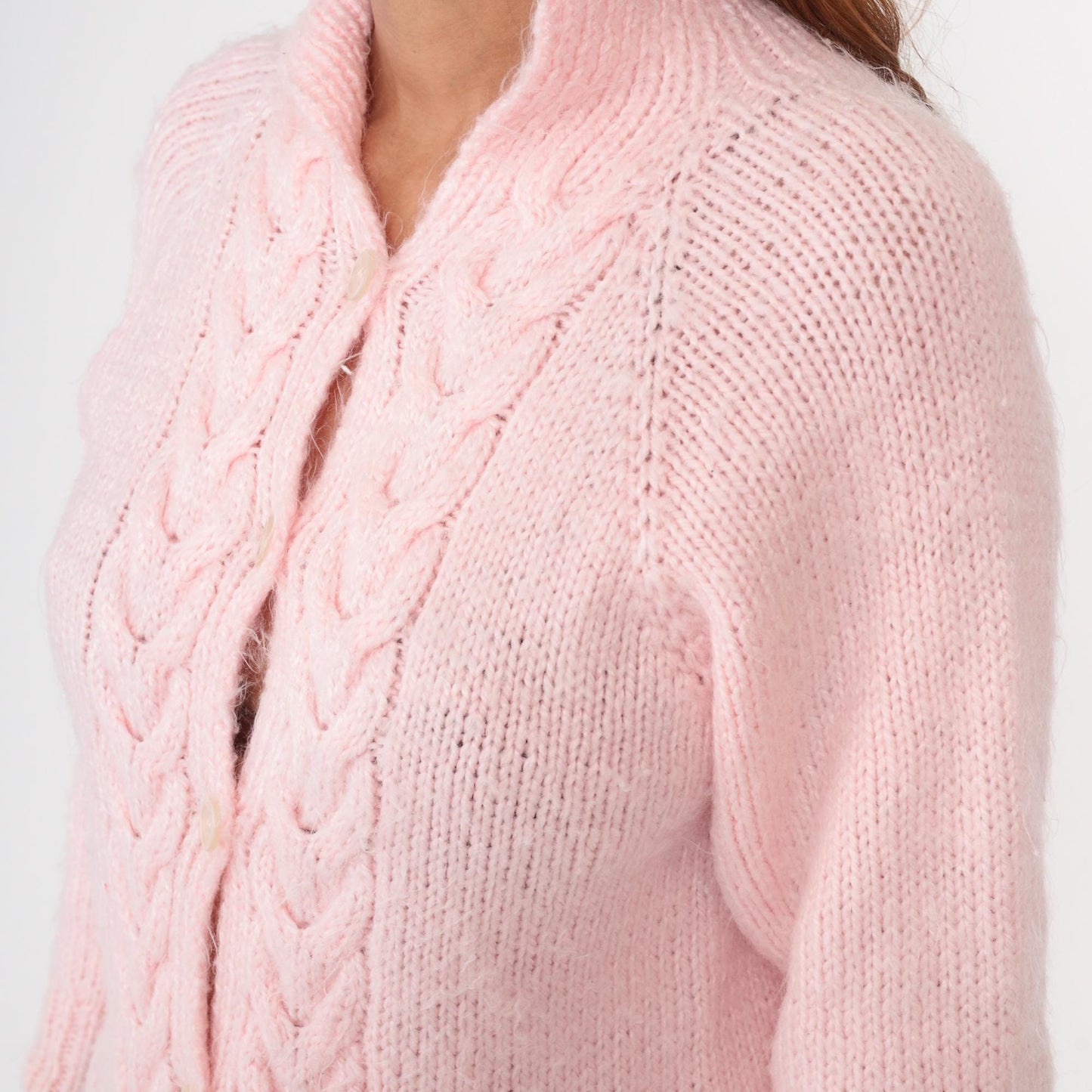 80s Pink Cable Knit Cardigan Cropped Three-Quarter Sleeve Small