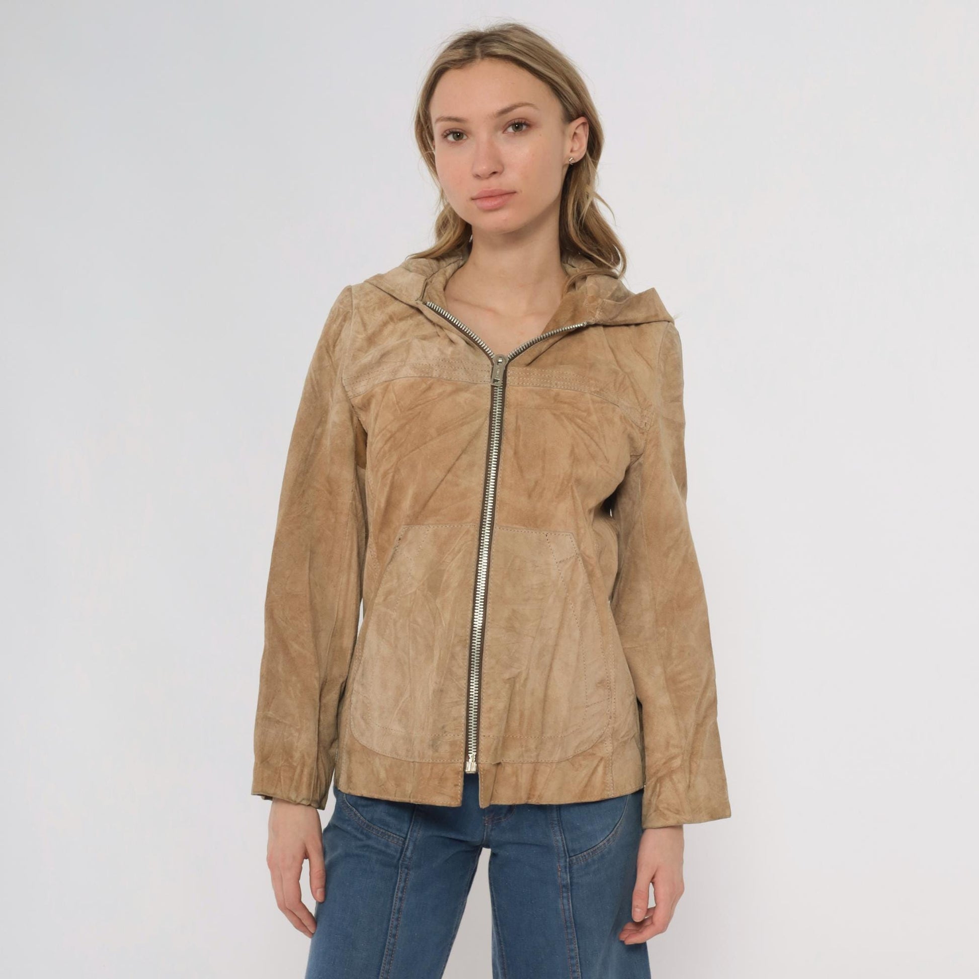 70s Tan Suede Hooded Jacket Zip Front Leather Small S