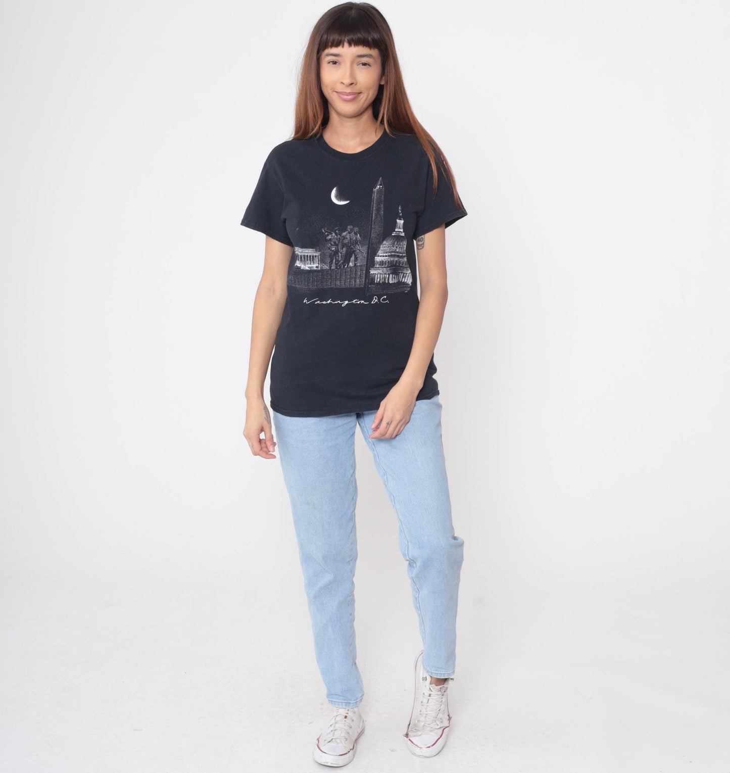Y2K Washington DC Skyline Graphic Tee Black Cotton Monument Small
