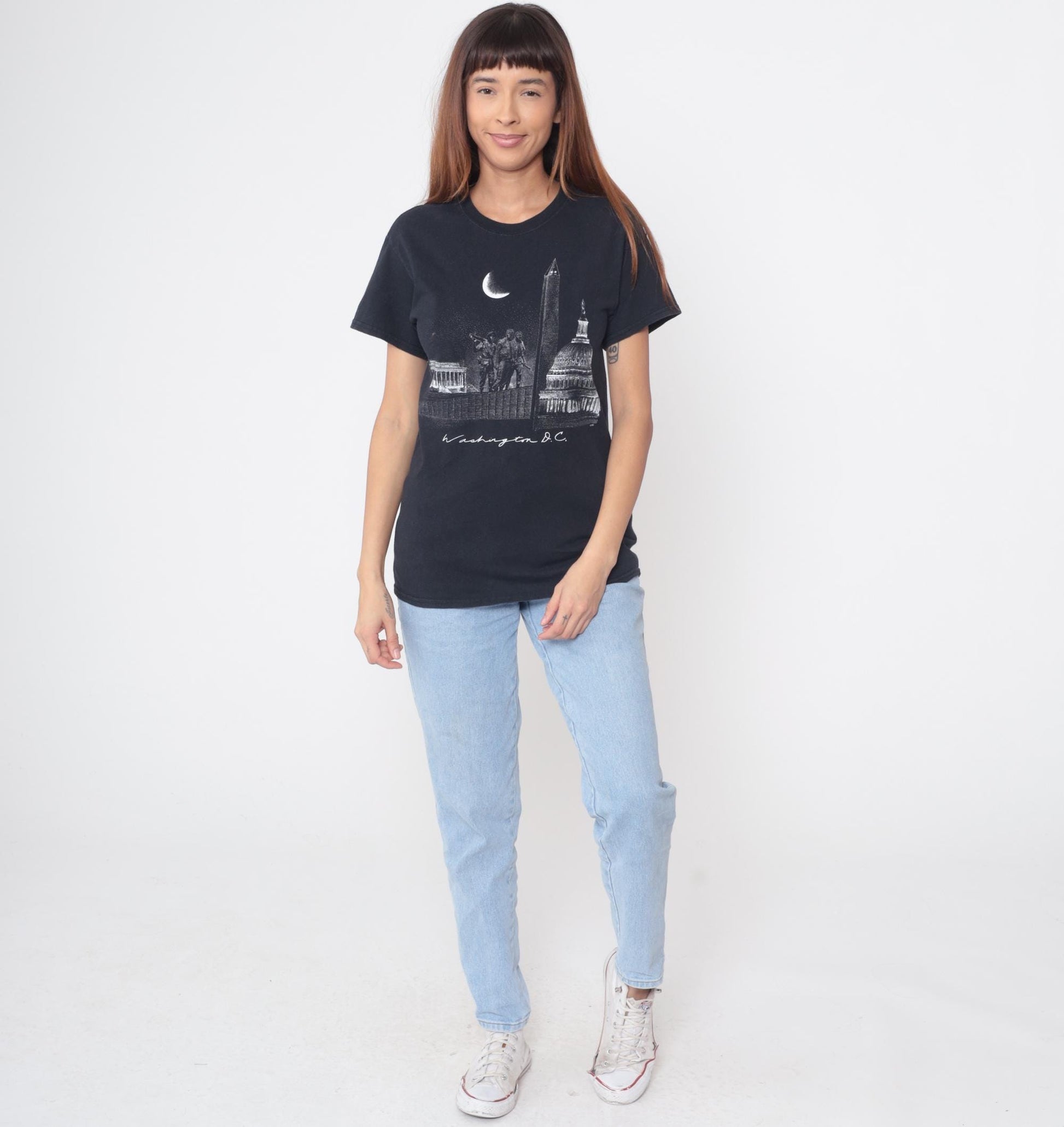 Y2K Washington DC Skyline Graphic Tee Black Cotton Monument Small