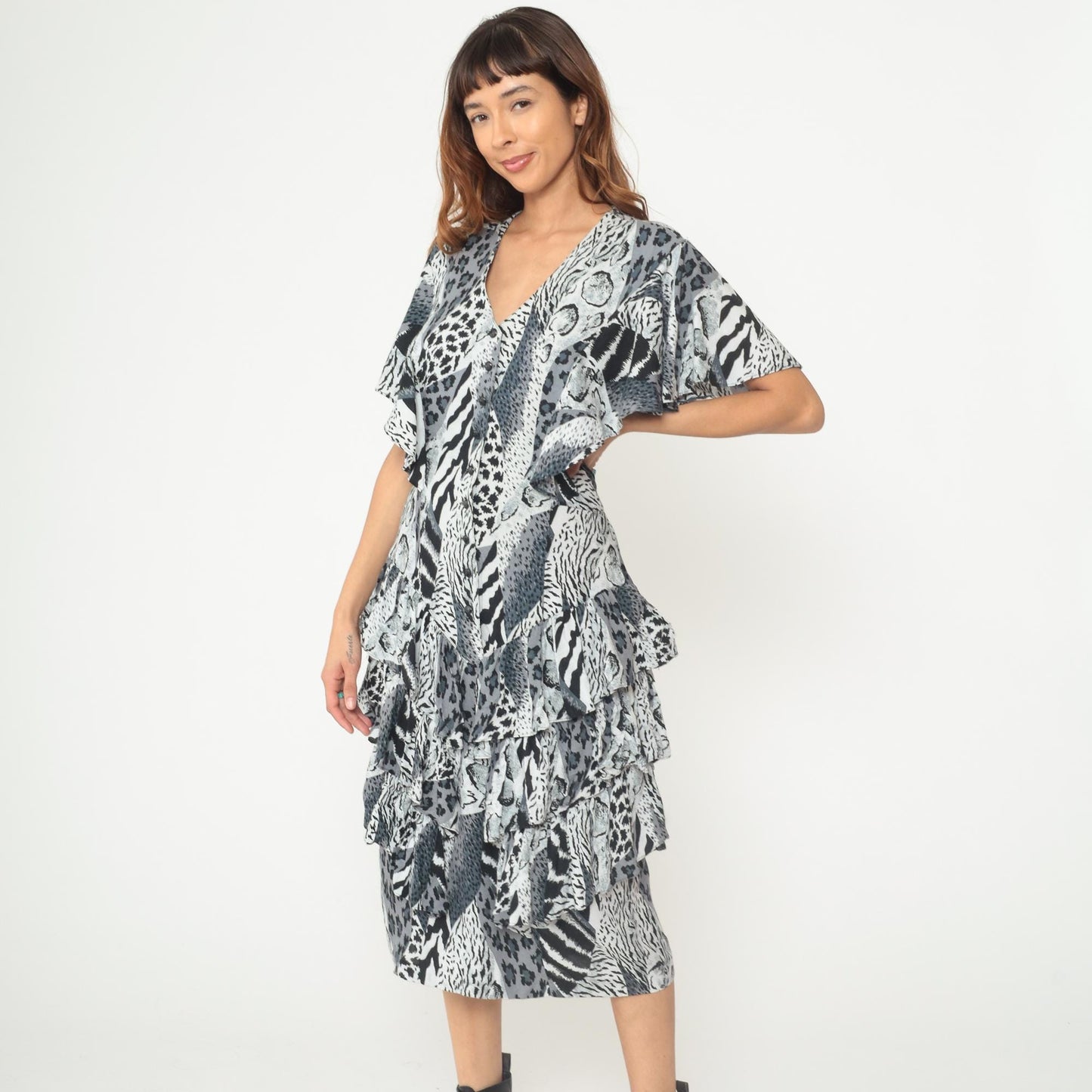 90s Animal Print Midi Dress Black White Leopard Zebra Button Front Flutter Sleeve Medium M