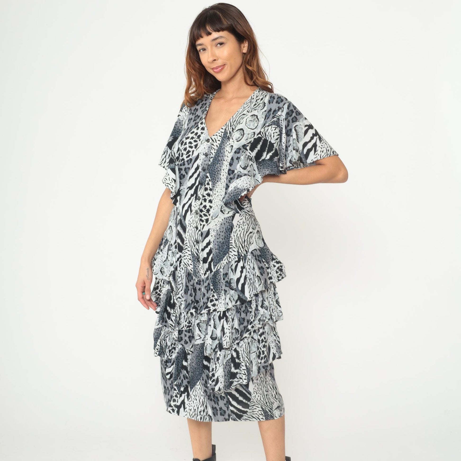 90s Animal Print Midi Dress Black White Leopard Zebra Button Front Flutter Sleeve Medium M