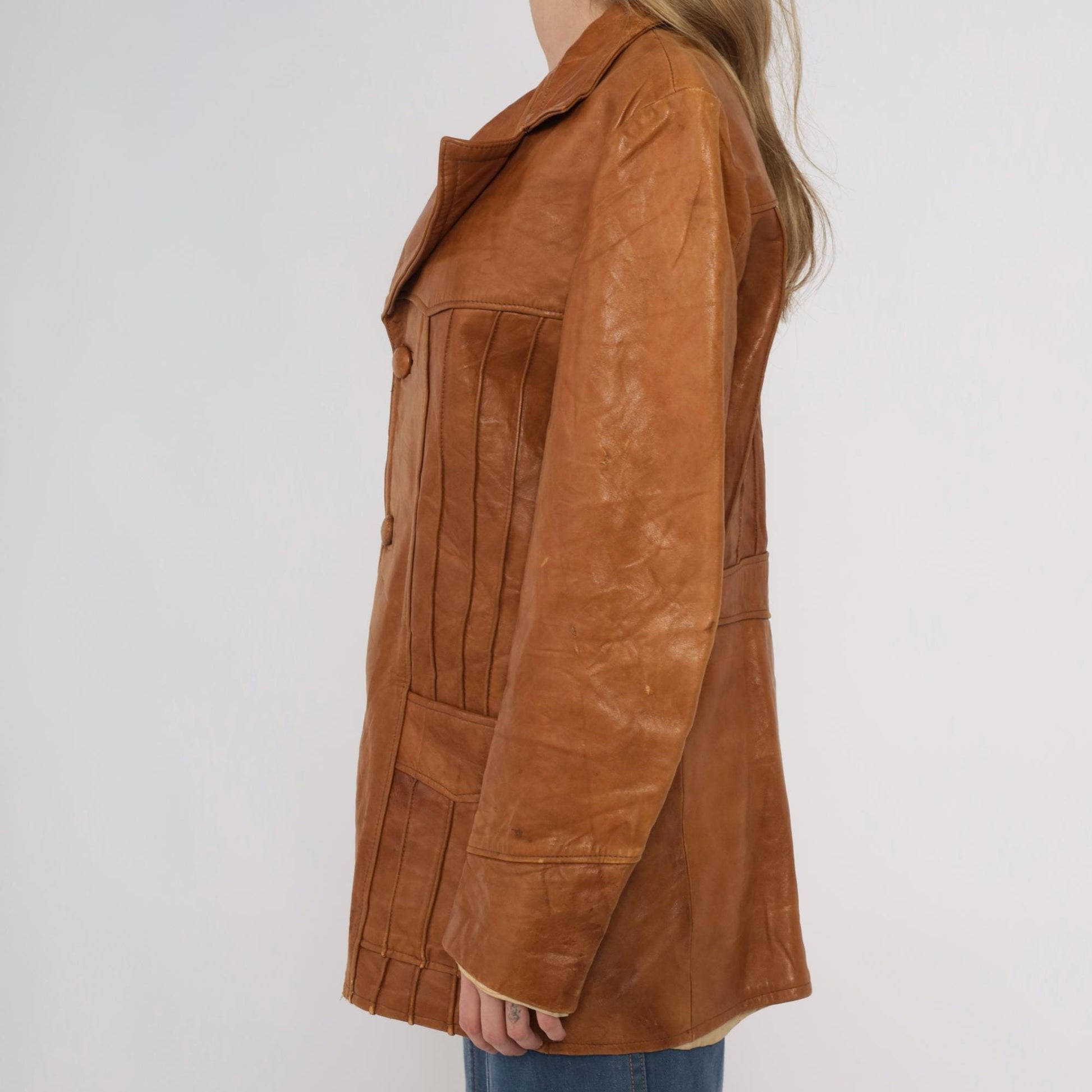 70s Roberts Fine Leather Brown Blazer Button Front Distressed Medium