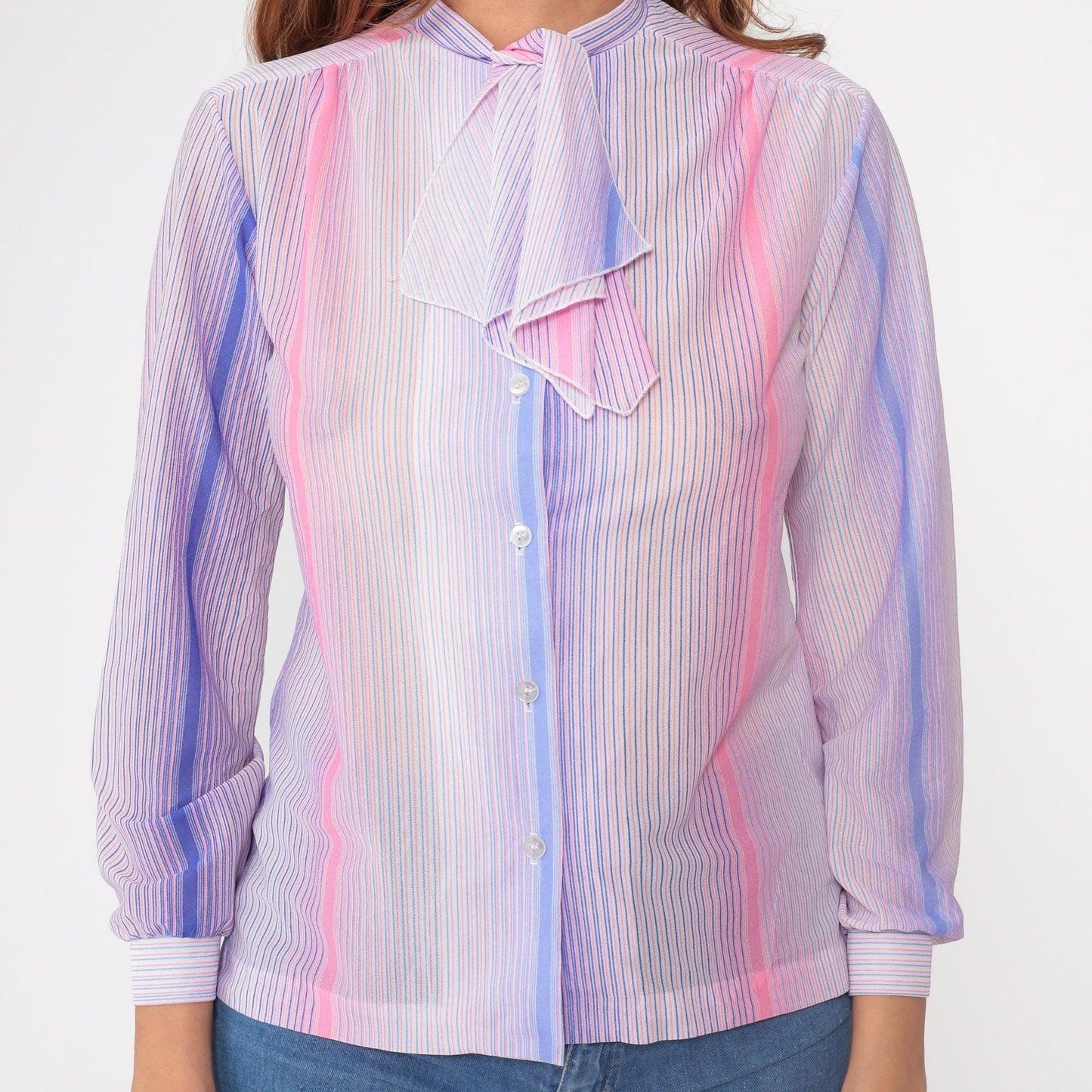 70s Alfred Dunner Striped Pussy Bow Blouse Pink Blue Button Up Small