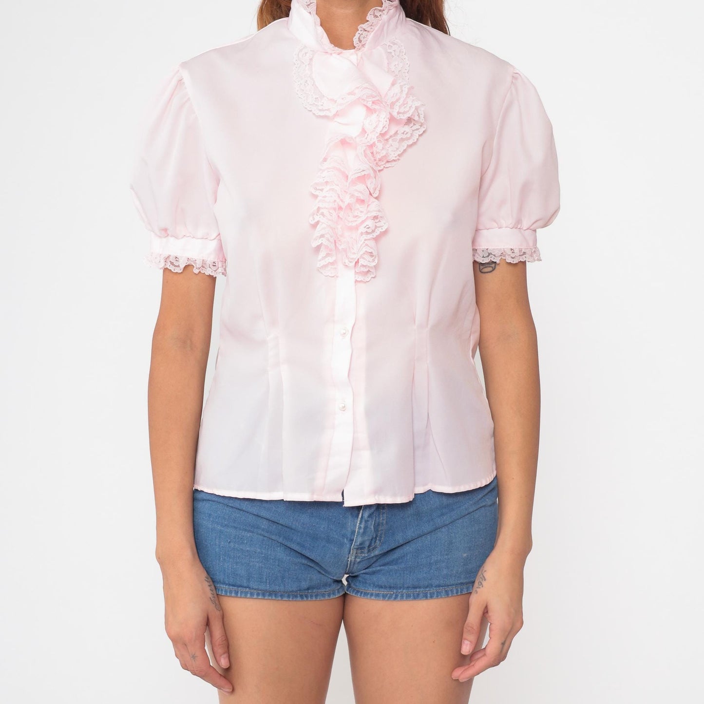 80s Pink Ruffle Lace Blouse Puff Sleeve Button Up Small