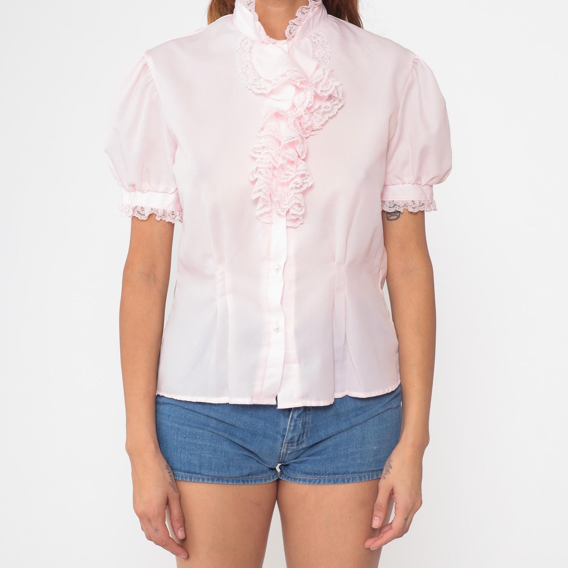 80s Pink Ruffle Lace Blouse Puff Sleeve Button Up Small