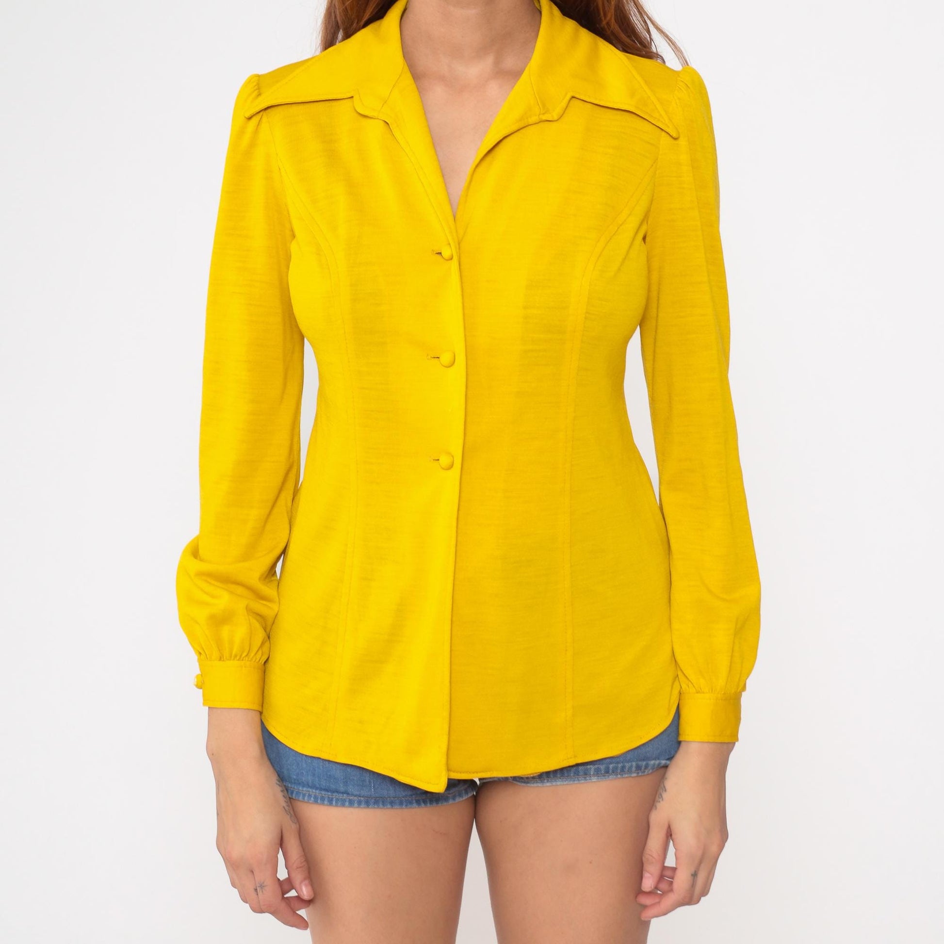 70s Mustard Yellow Button-Up Blouse Pointed Collar Long Sleeve Small S
