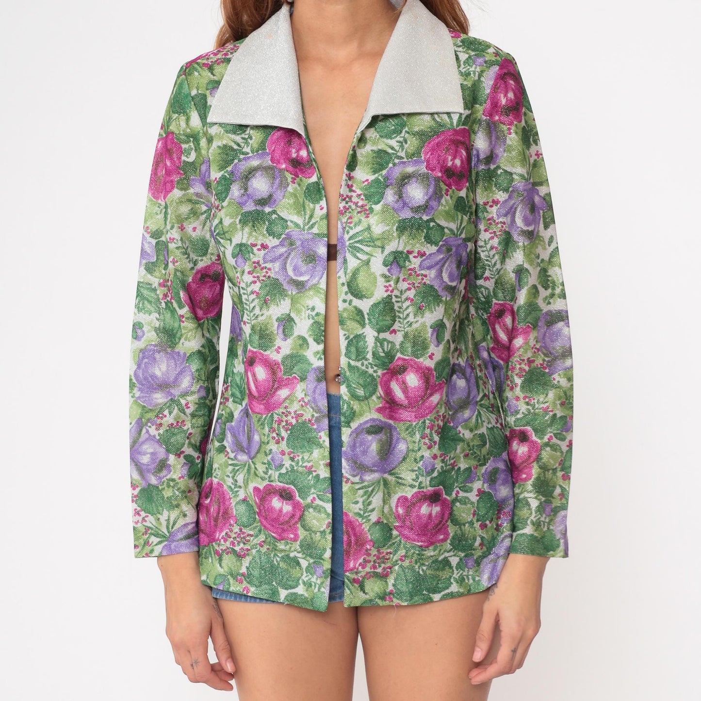 70s Floral Blazer Pink Purple Rose Print Light Green White Collar Small
