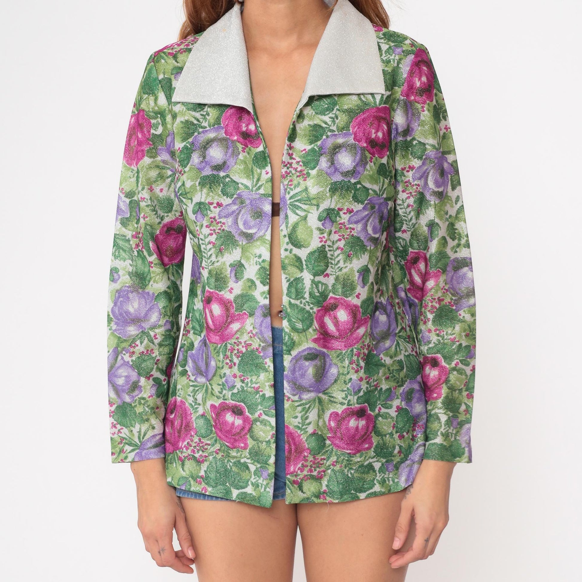 70s Floral Blazer Pink Purple Rose Print Light Green White Collar Small
