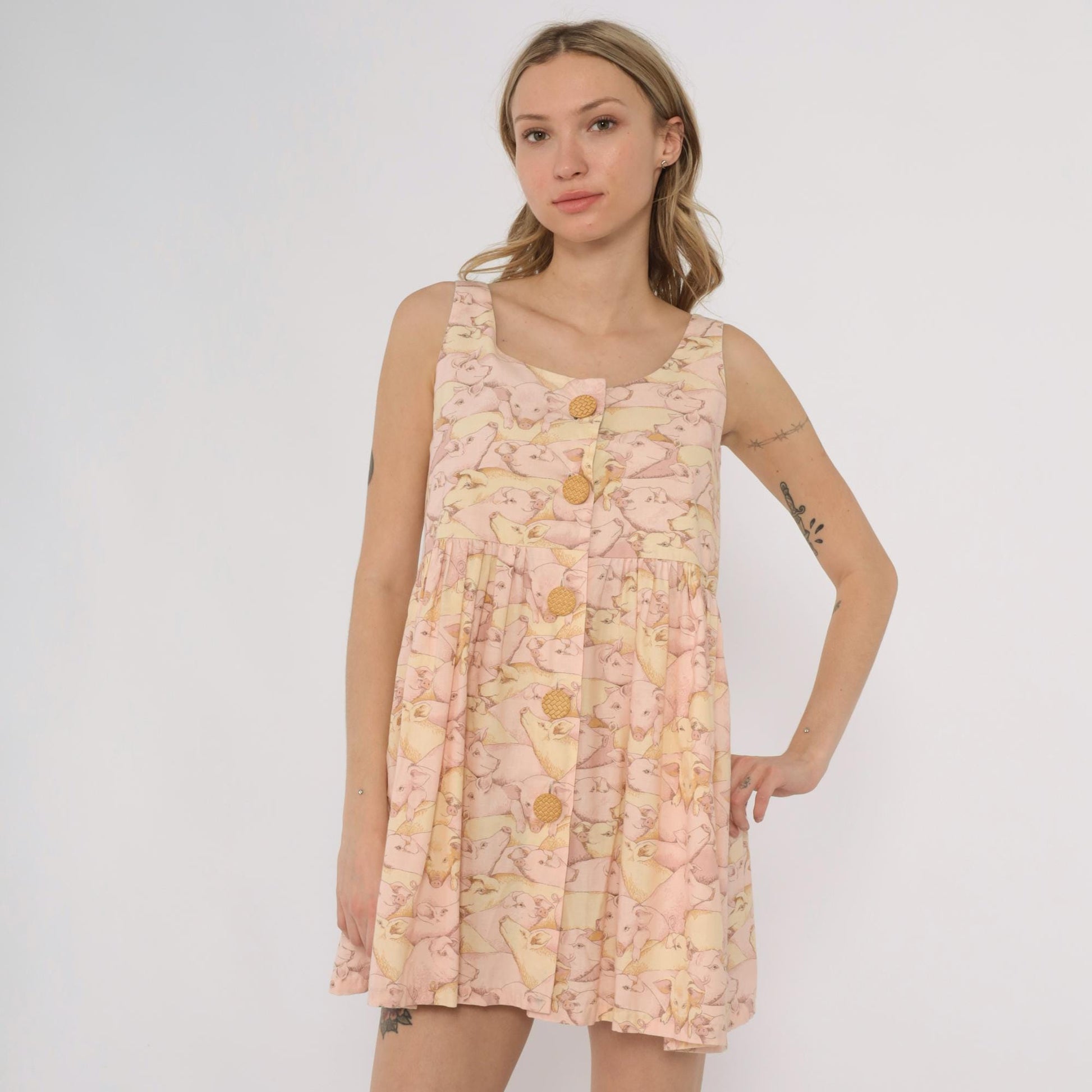 80s Pig Print Mini Dress Pink Yellow Empire Waist Button Front Small