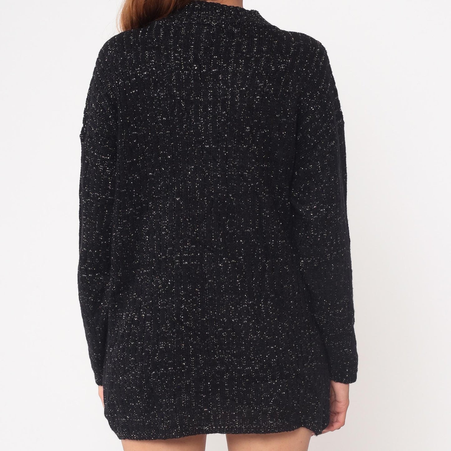 80s American Pride Black Lurex Knit Sweater Metallic Silver Tunic Large L