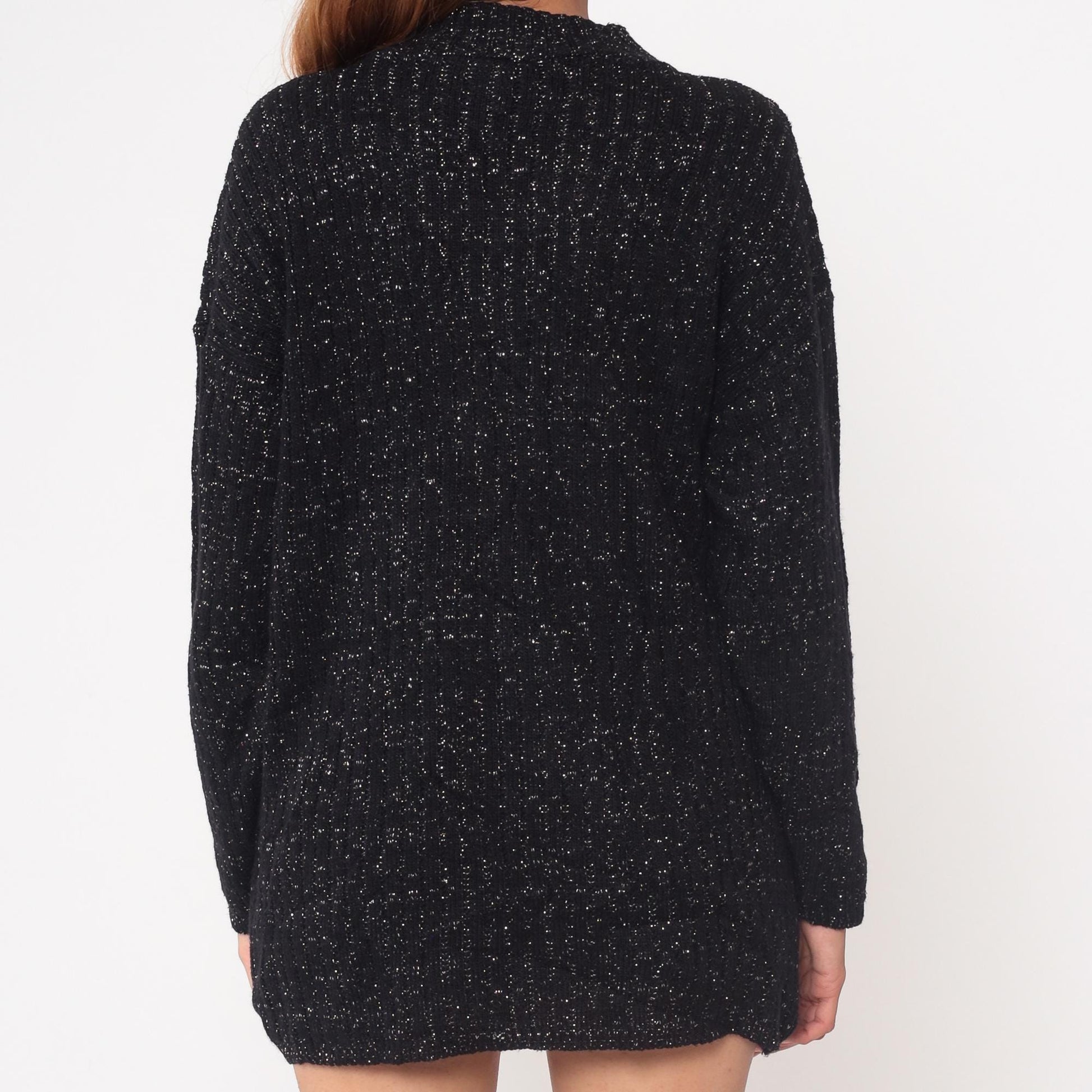 80s American Pride Black Lurex Knit Sweater Metallic Silver Tunic Large L