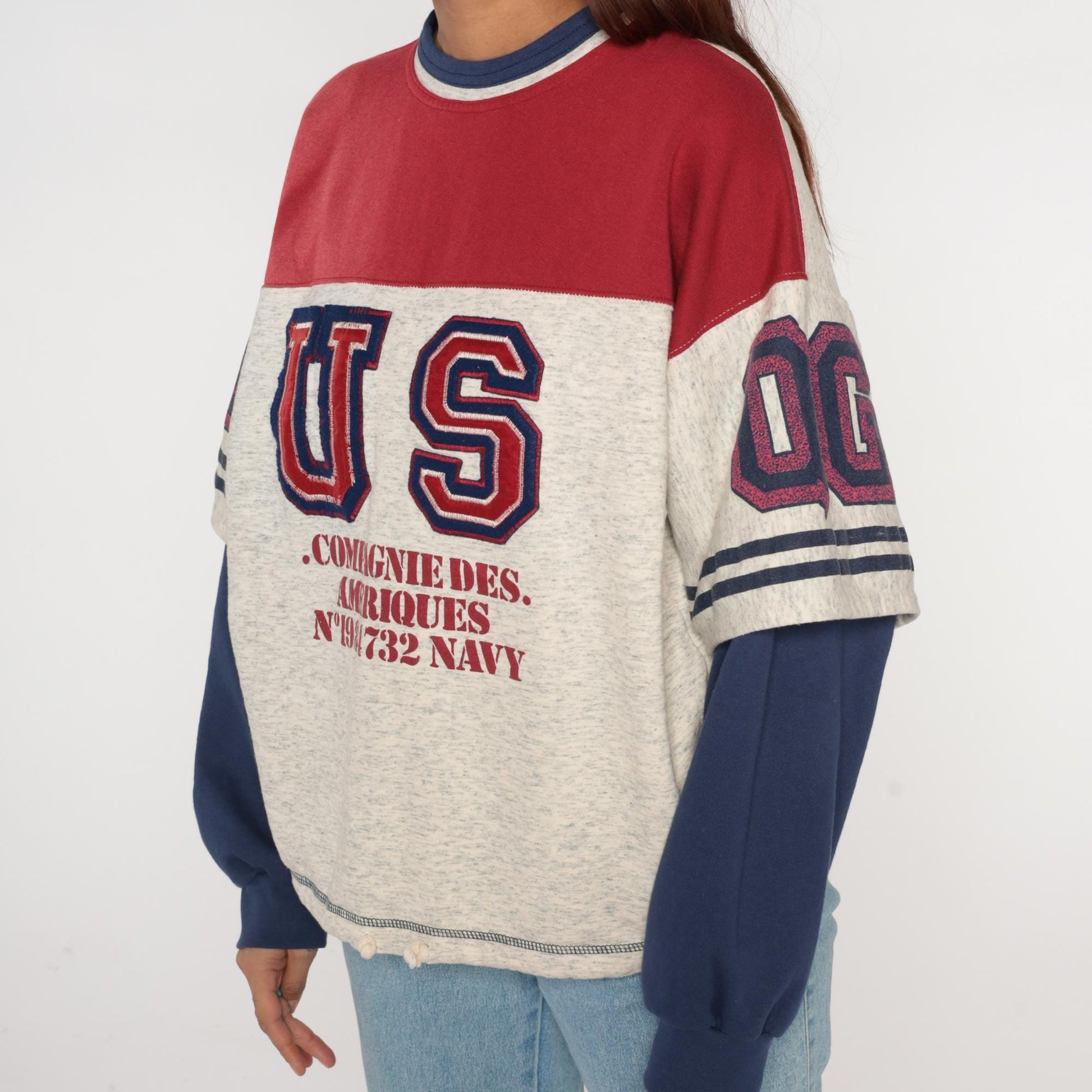 90s Compagnie Des Ameriques Color Block Sweatshirt Red White Navy Large L
