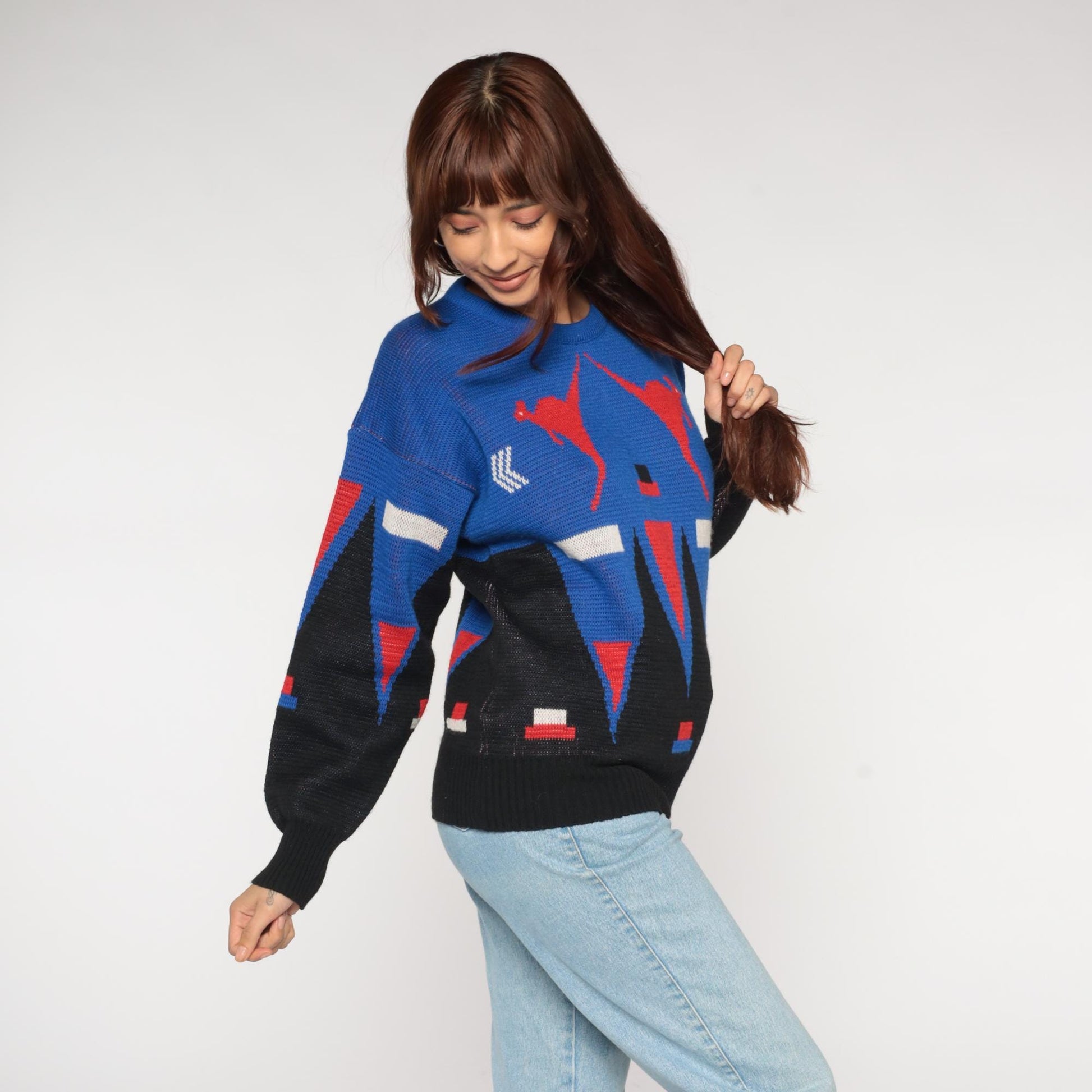 80s Hysport Australian Wool Sweater Kangaroo Geometric Colorblock Royal Blue Medium