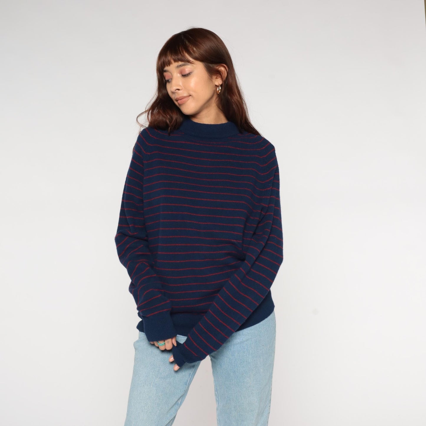 80s Vaughn Lambswool Nautical Sweater Navy Striped Mock Neck Medium