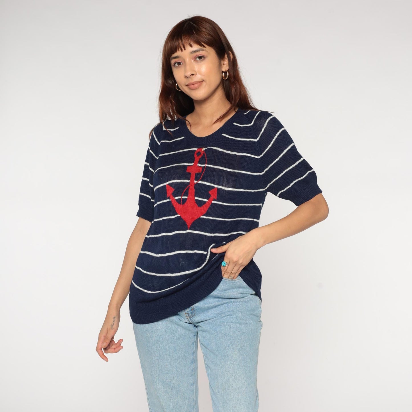 80s Nautical Anchor Sweater Navy White Striped Red Short Sleeve Medium
