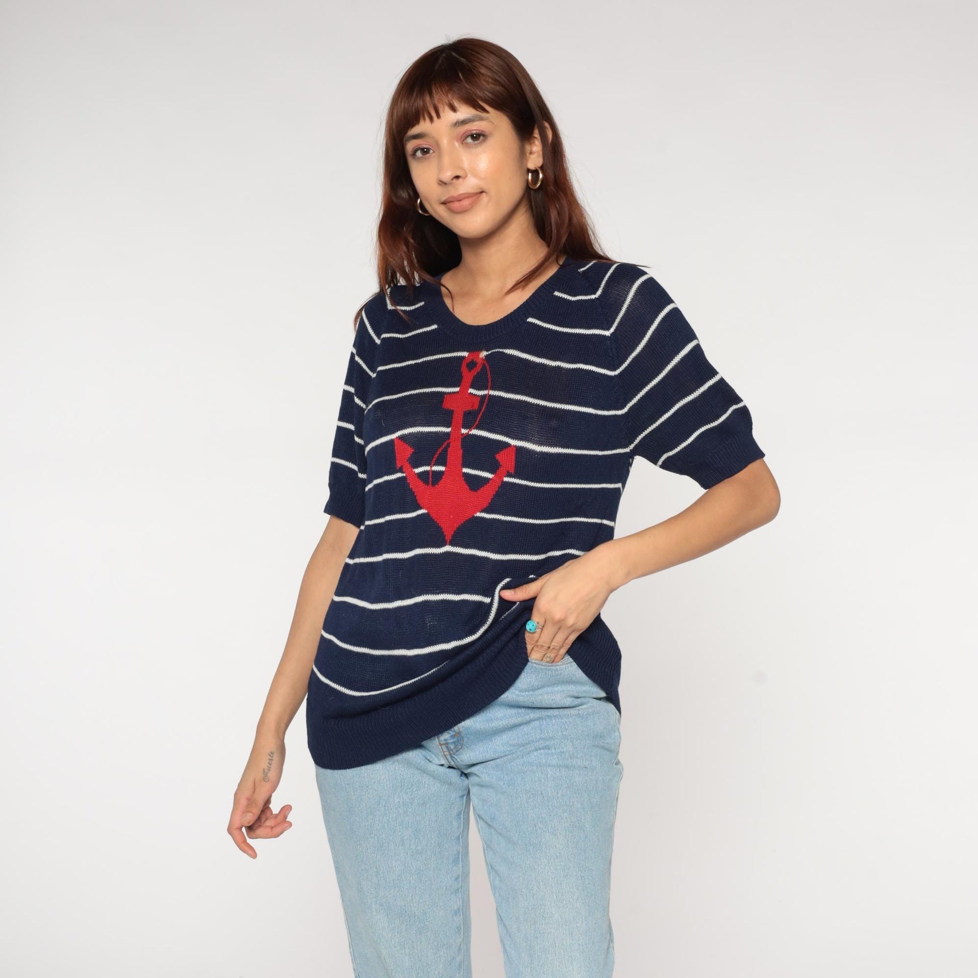 80s Nautical Anchor Sweater Navy White Striped Red Short Sleeve Medium