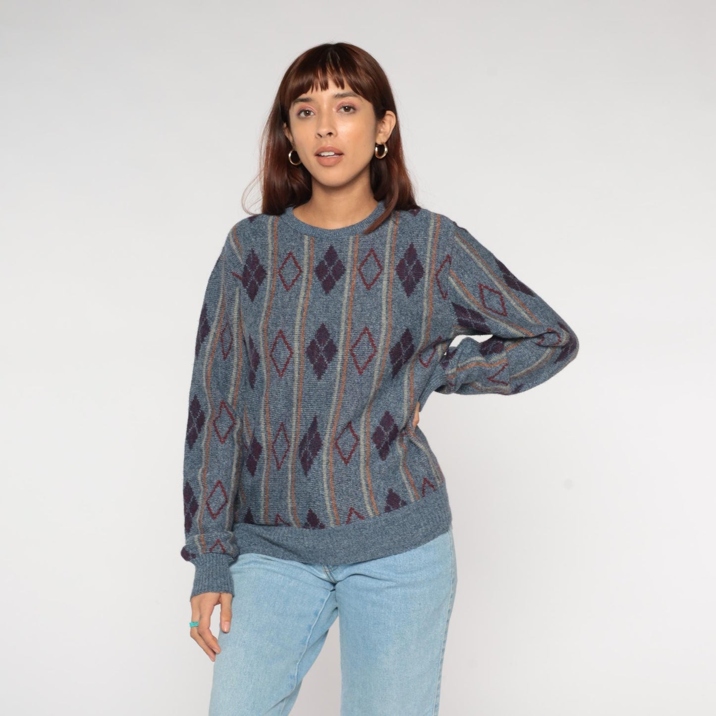 80s Diamond Argyle Wool Mohair Sweater Crewneck Blue Burgundy Medium