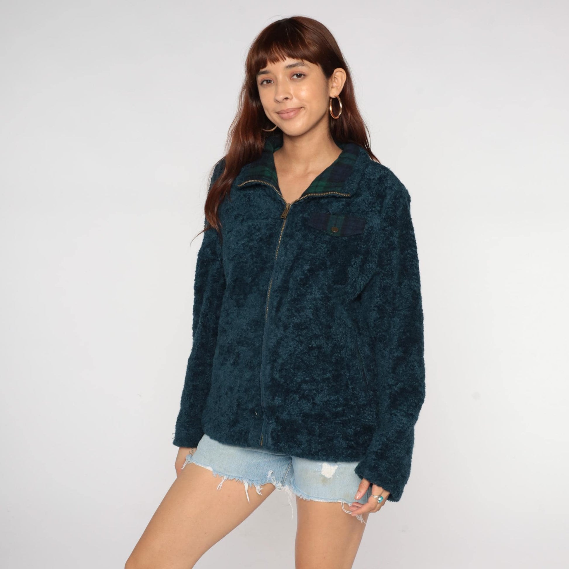 Pendleton Y2K Teal Fleece Jacket Plaid Collar Zip Large L