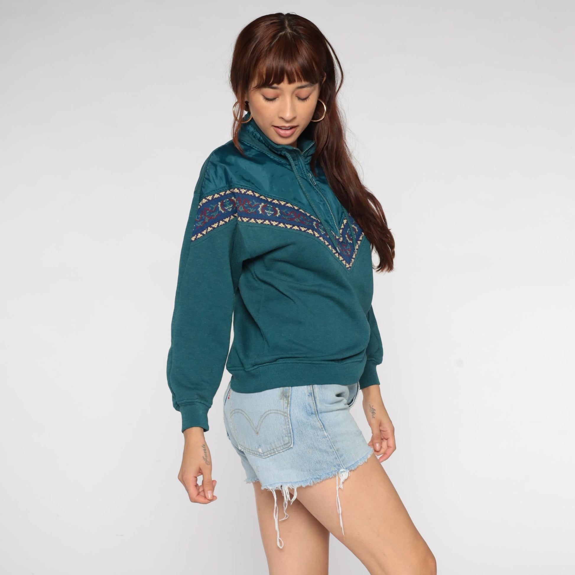 90s Chinawear Southwestern Quarter-Zip Sweatshirt Teal Chevron Embroidered Small