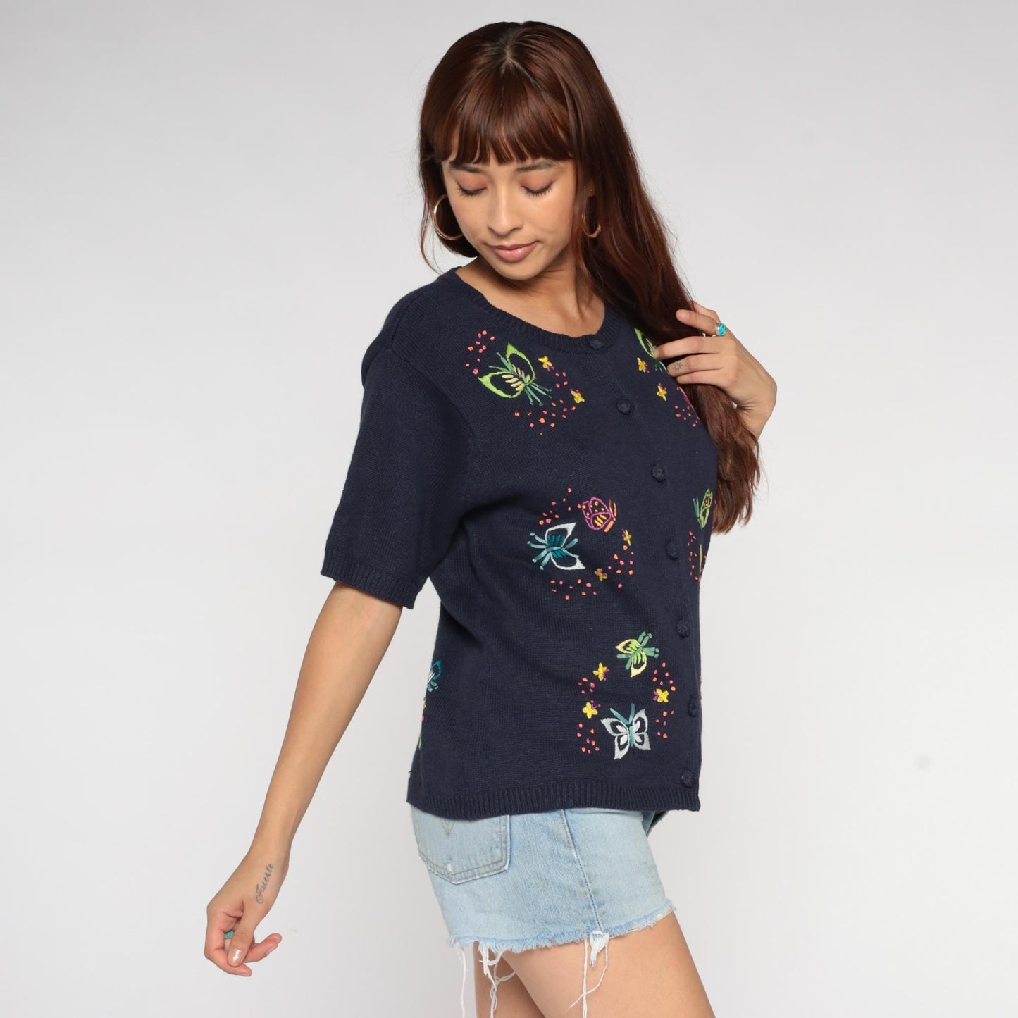 90s Navy Embroidered Butterfly Cardigan Short Sleeve Button Front Large L