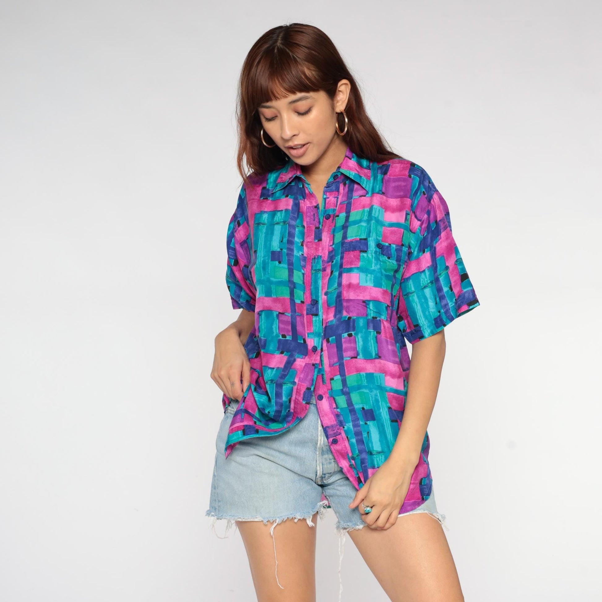 90s Silk Button Up Shirt Abstract Brushstroke Print Turquoise Pink Purple Small