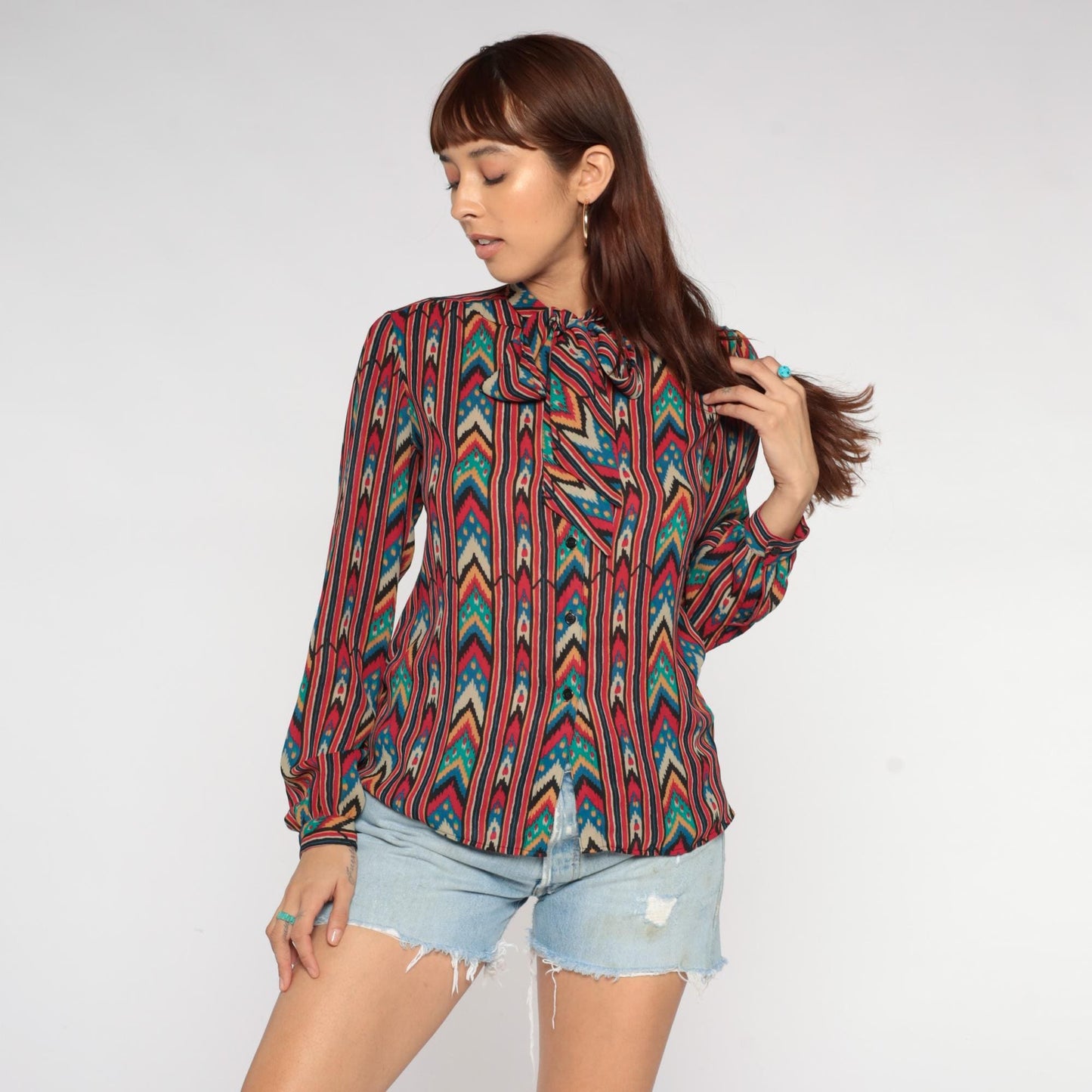 90s Regina Porter Geometric Chevron Blouse Neck Tie Multicolor Medium
