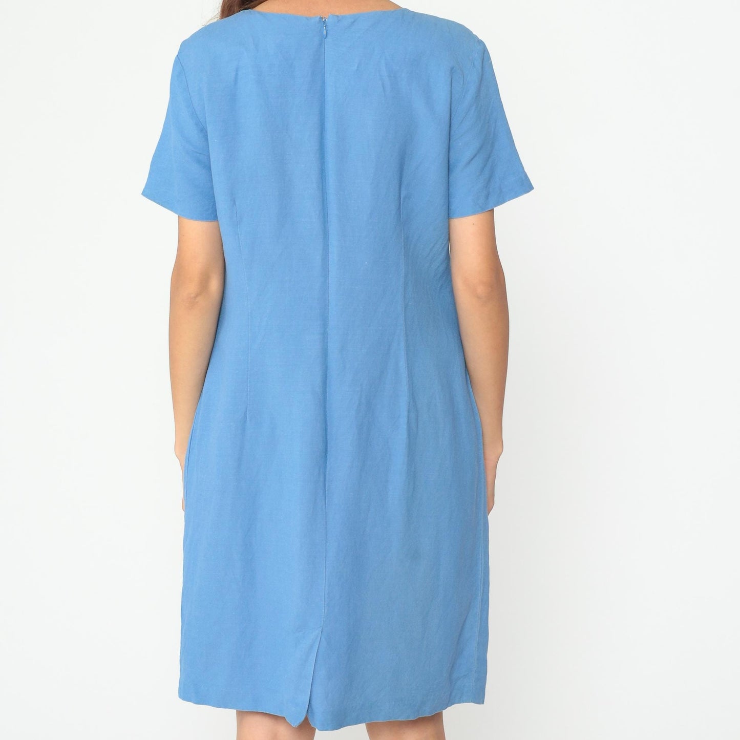 Y2K Blue Shift Dress Short Sleeve Crew Neck Midi Large L