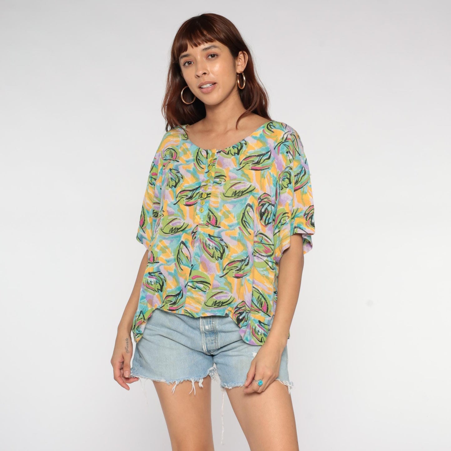 90s Forenza Tropical Leaf Print Button-Up Blouse Short Sleeve Medium M