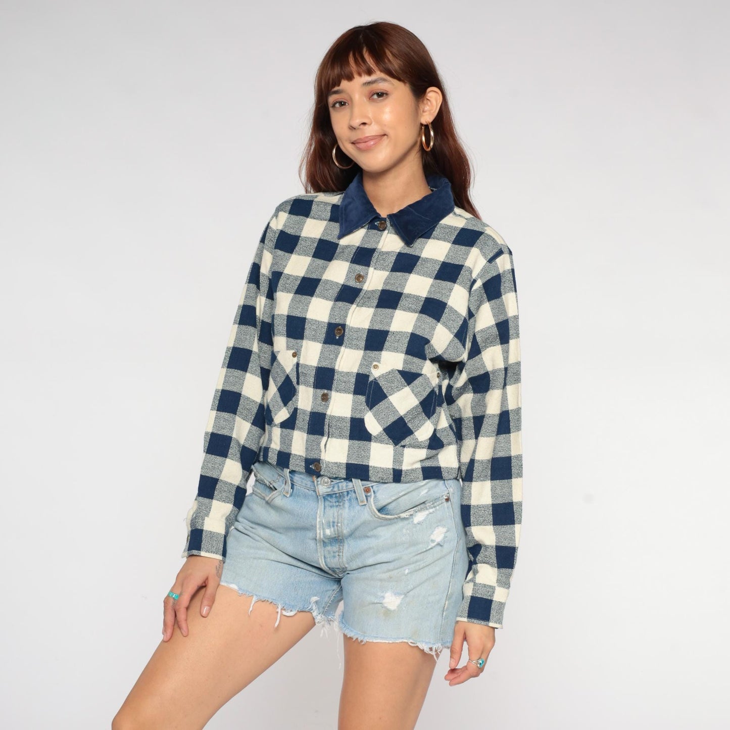 90s Commotion Buffalo Check Flannel Shirt Navy Cream Cropped Large L