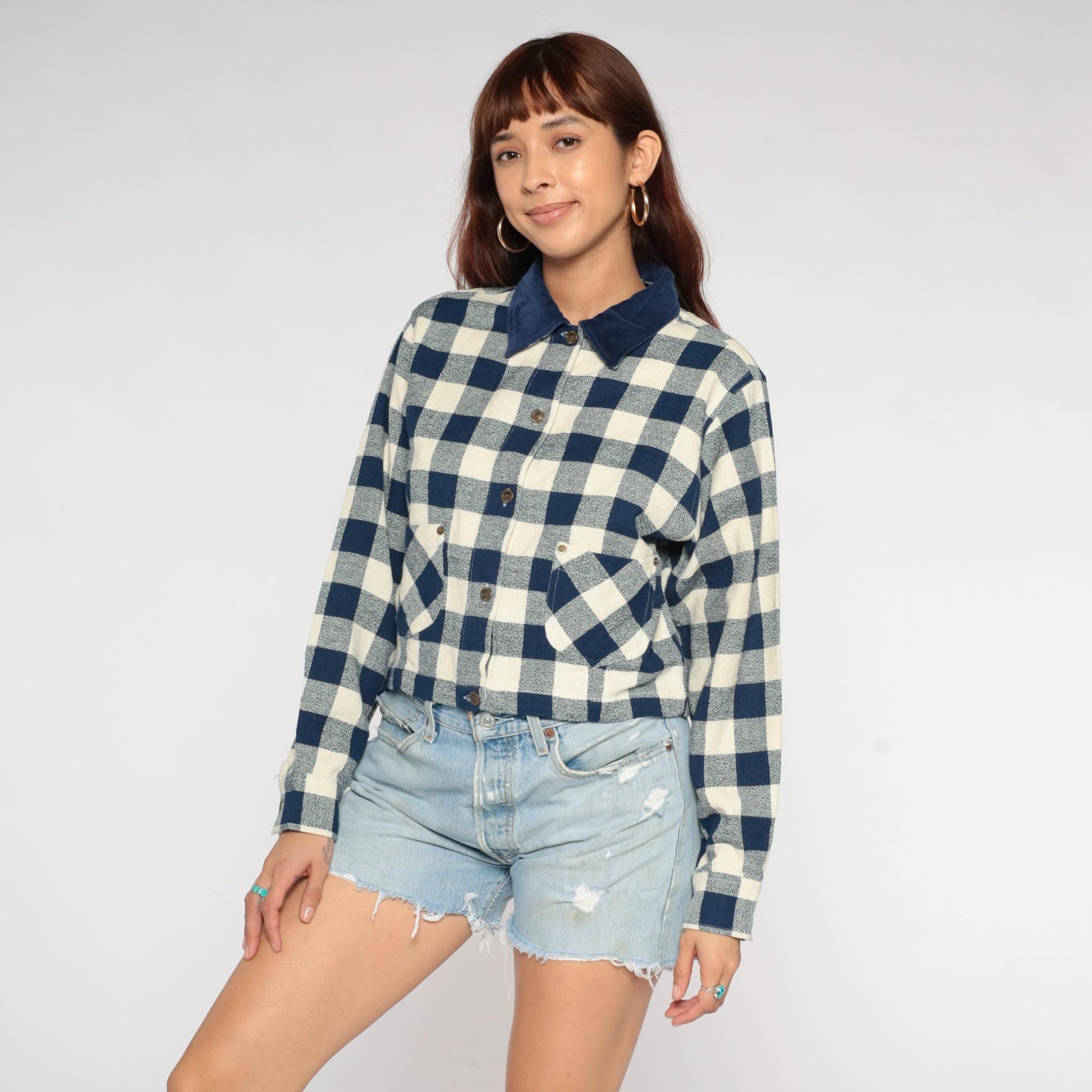 90s Commotion Buffalo Check Flannel Shirt Navy Cream Cropped Large L