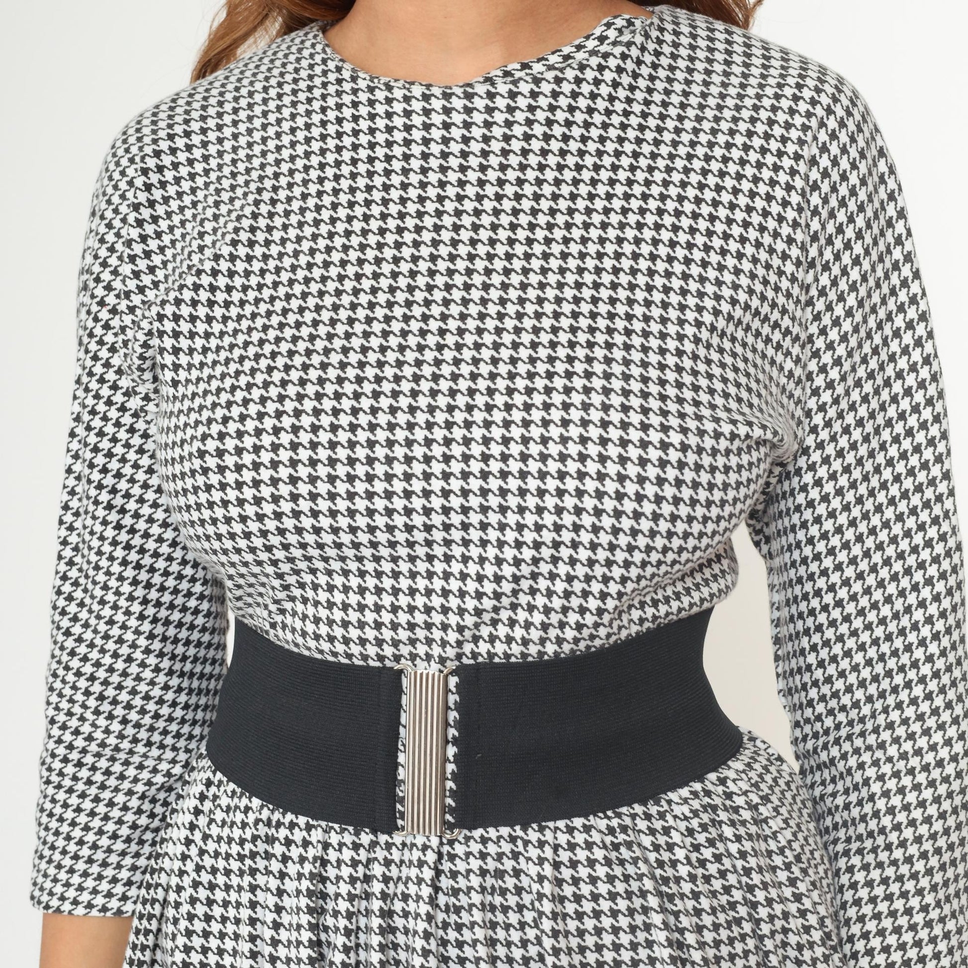 80s Houndstooth Mini Dress Black White Peplum Three Quarter Sleeve Small S