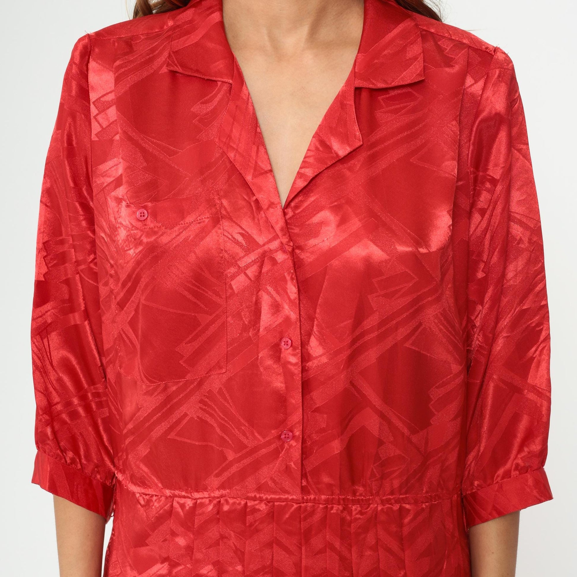 80s Red Midi Dress Button Front Pleated Jacquard Geometric Collar Medium