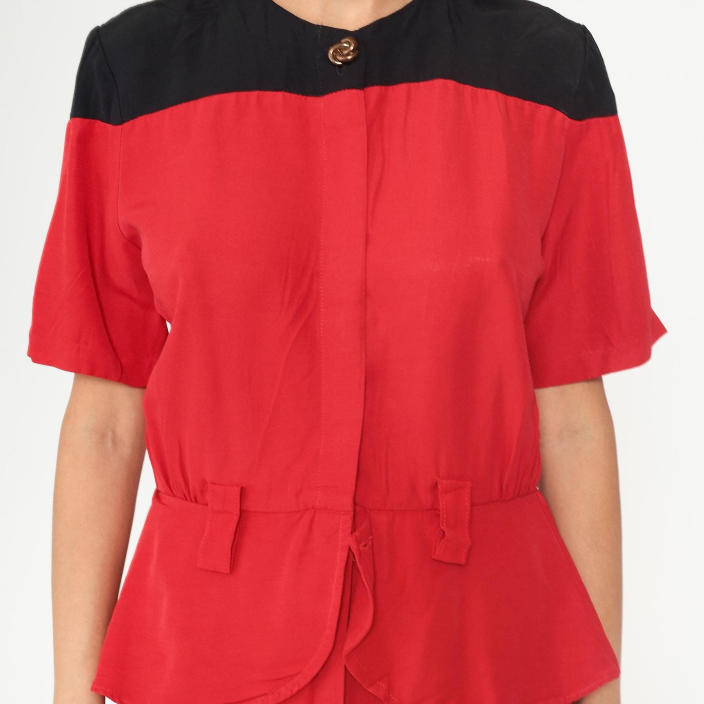 90s Color Block Midi Dress Red Black Peplum Button Front Short Sleeve Medium