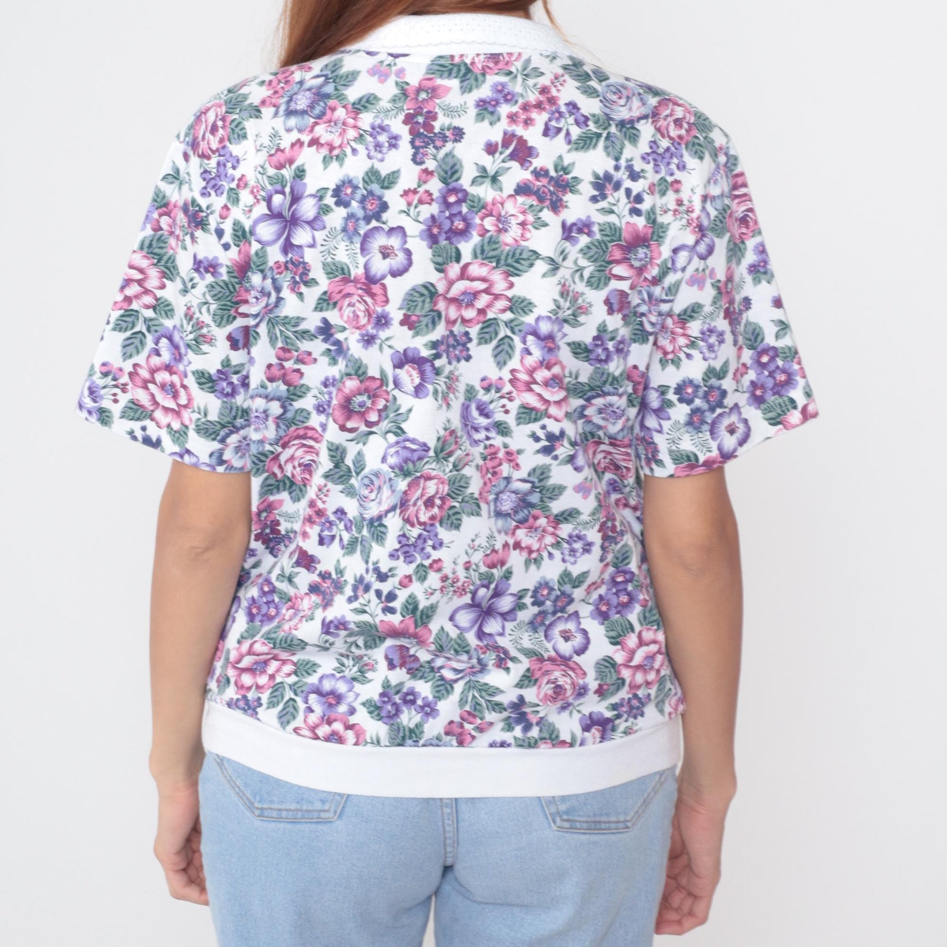 90s Cascade Blues Floral Polo Shirt Pink Purple Rose White Collar Large L
