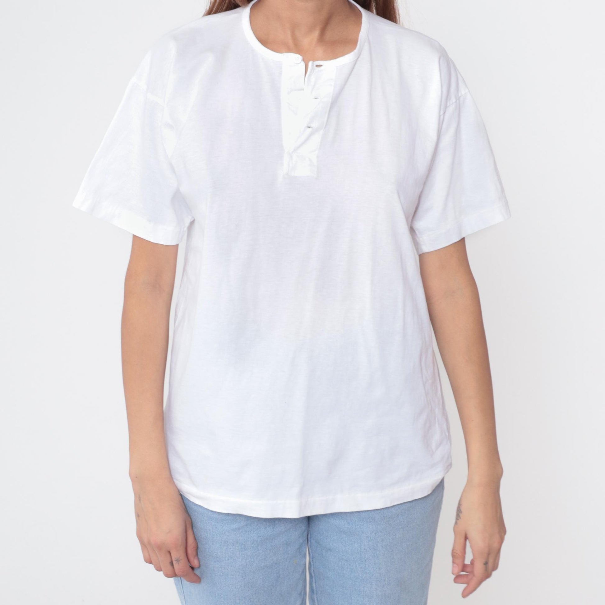 90s Lixin White Henley Cotton T-Shirt Button Placket Short Sleeve Medium