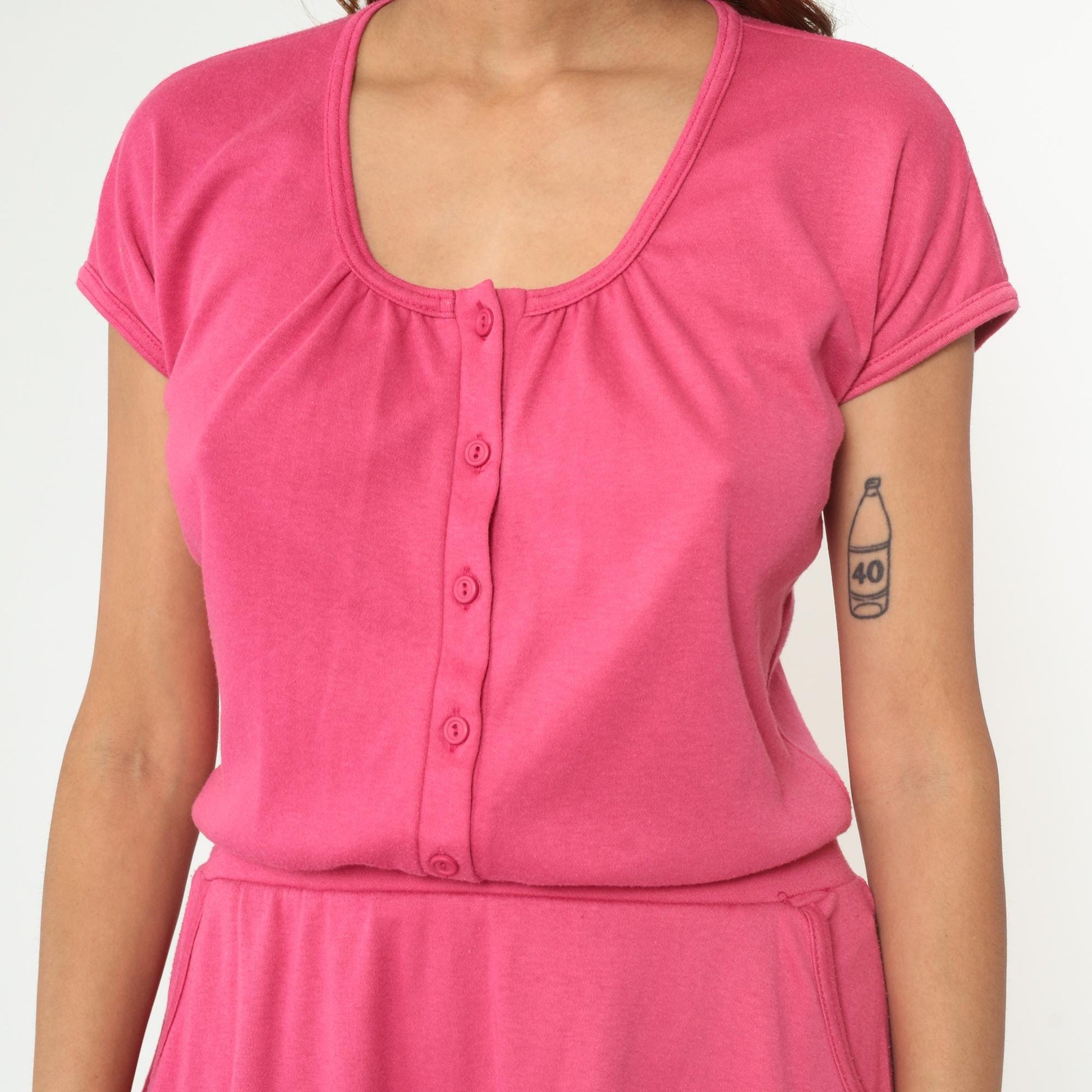 80s Hot Pink Mini Dress Cotton Blend Scoop Neck Side Pockets A-Line Medium M