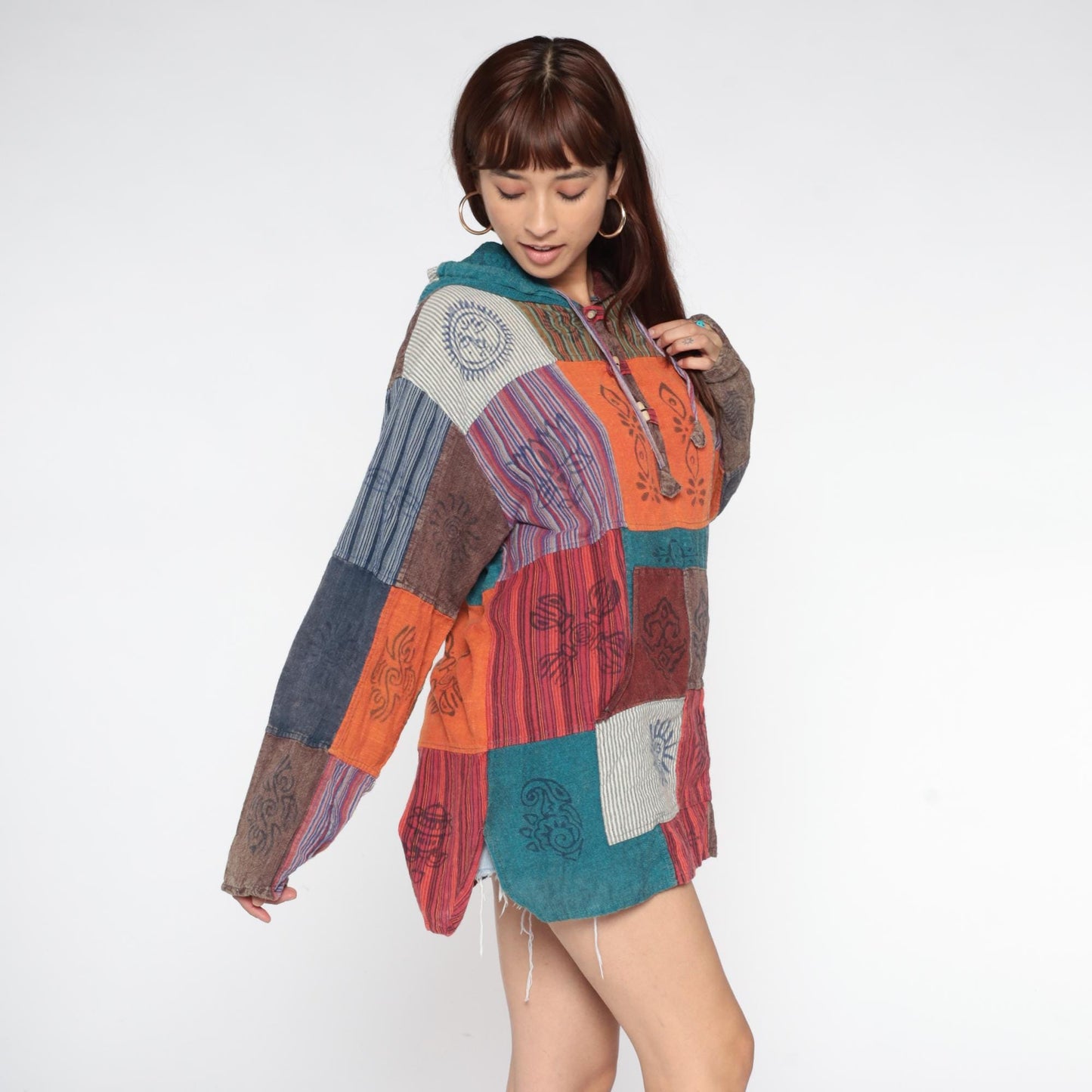 Y2K Patchwork Hoodie Block Print Cotton Button Front Medium Large
