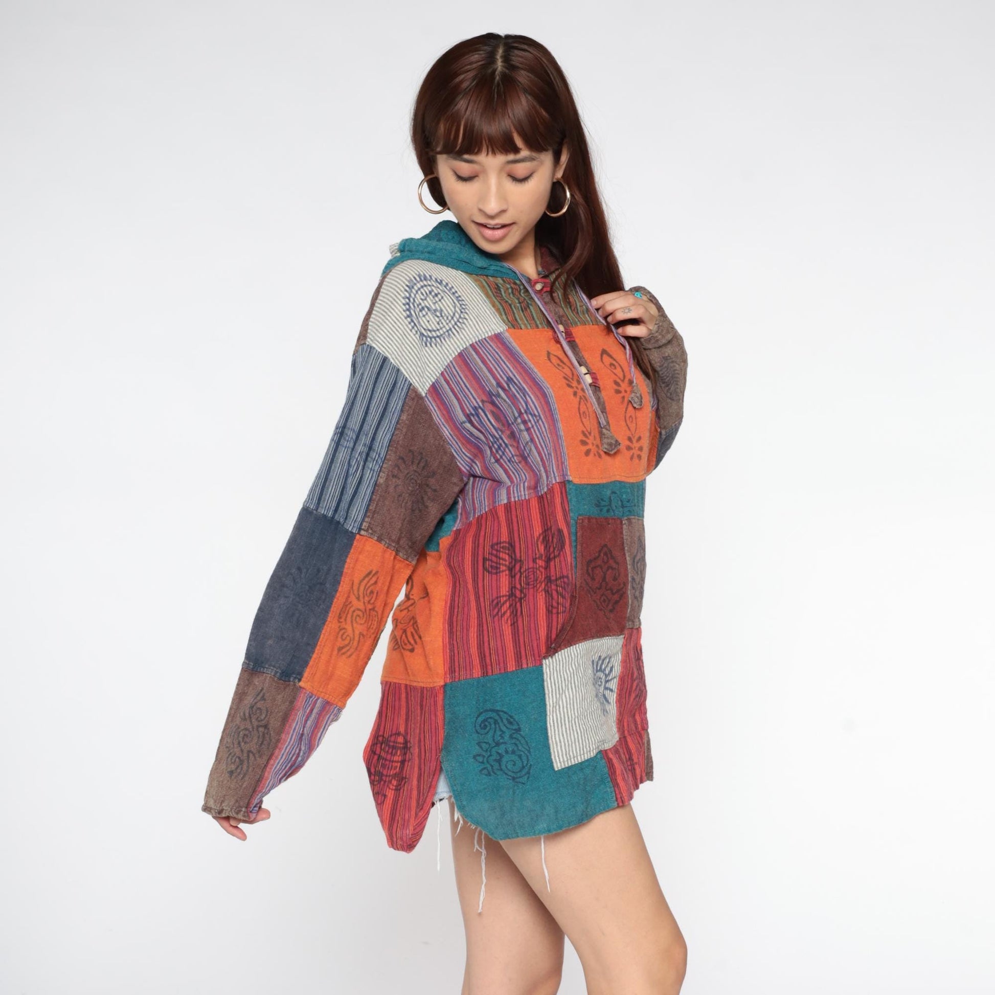 Y2K Patchwork Hoodie Block Print Cotton Button Front Medium Large