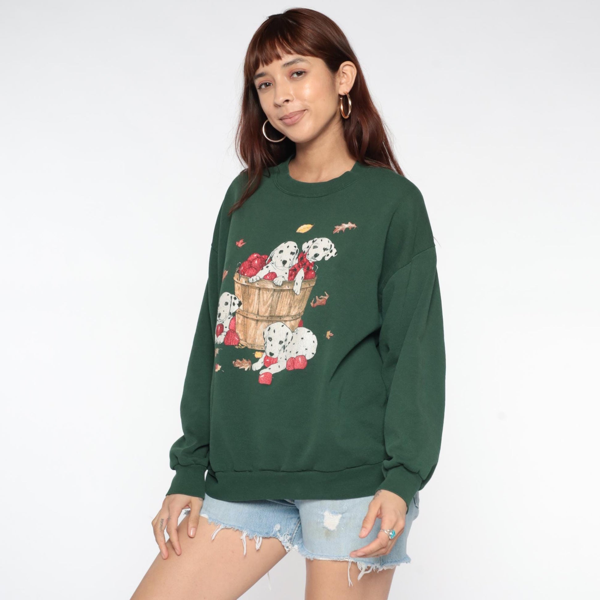 90s Dalmatian Puppy Apple Basket Sweatshirt Forest Green Graphic Large L