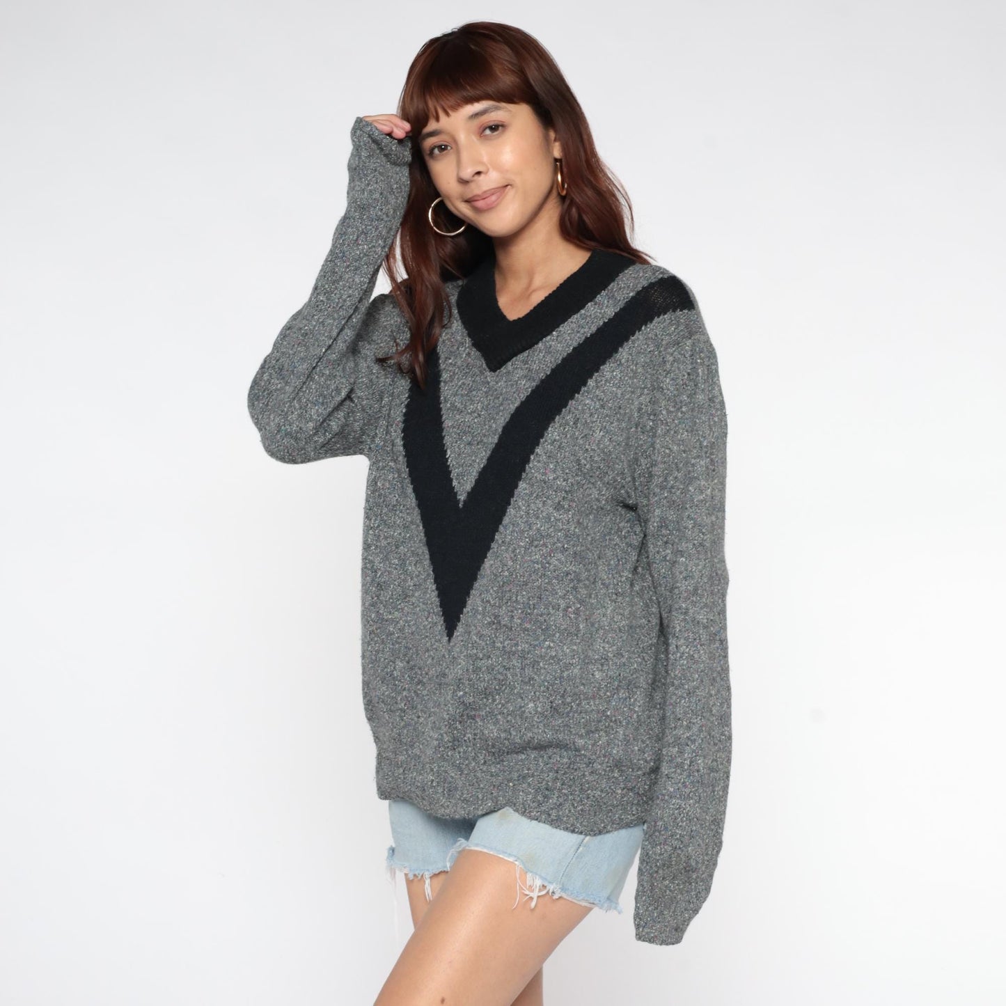 90s Forecast Chevron V-Neck Sweater Grey Black Trim Extra Large XL