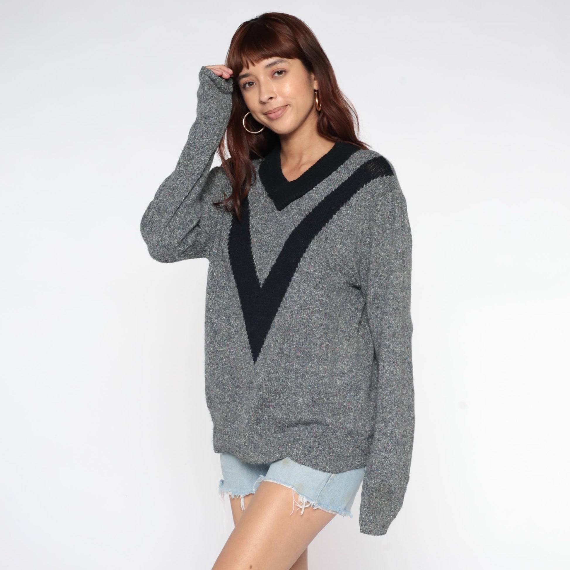 90s Forecast Chevron V-Neck Sweater Grey Black Trim Extra Large XL