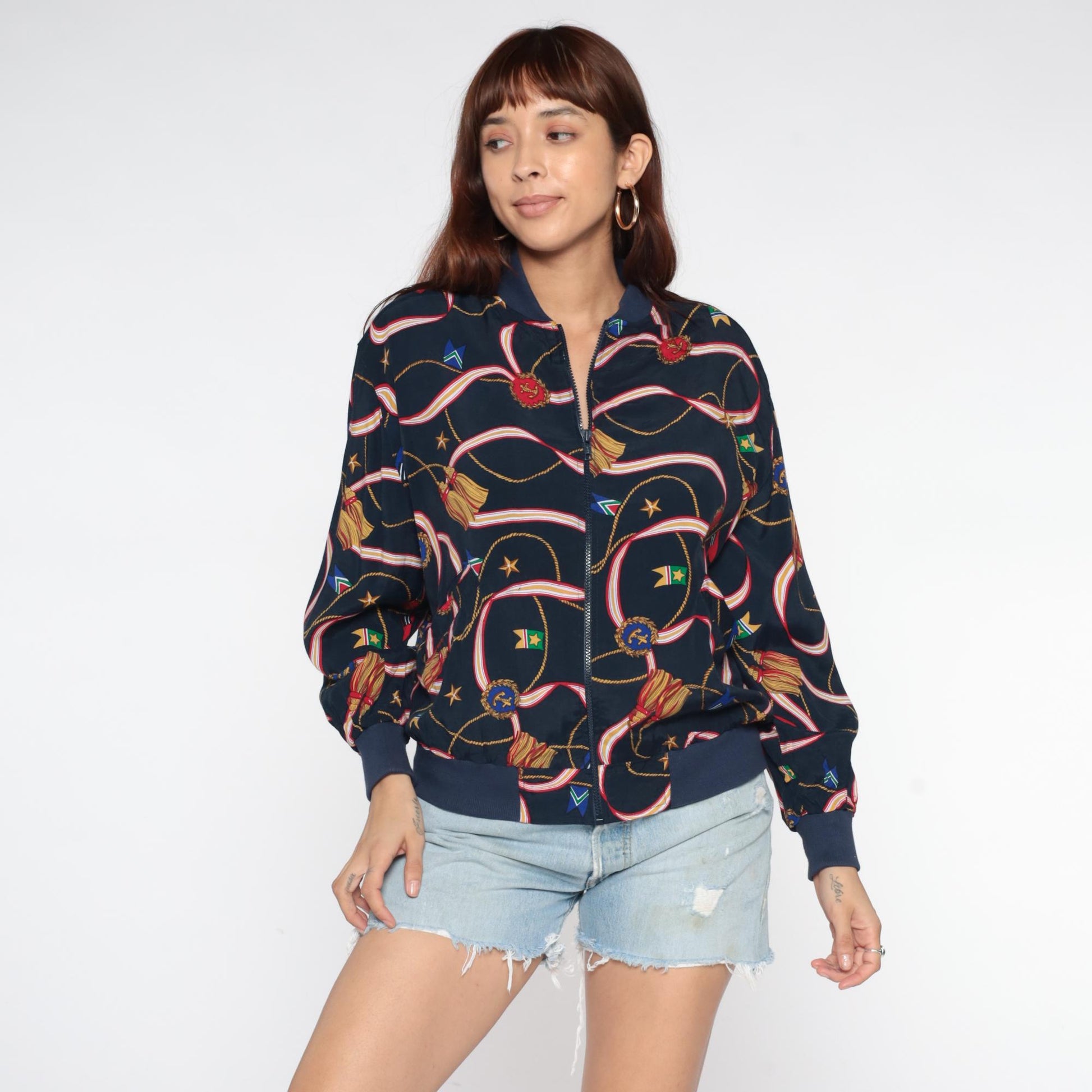 90s Alfred Dunner Nautical Bomber Jacket Navy Multicolor Medium
