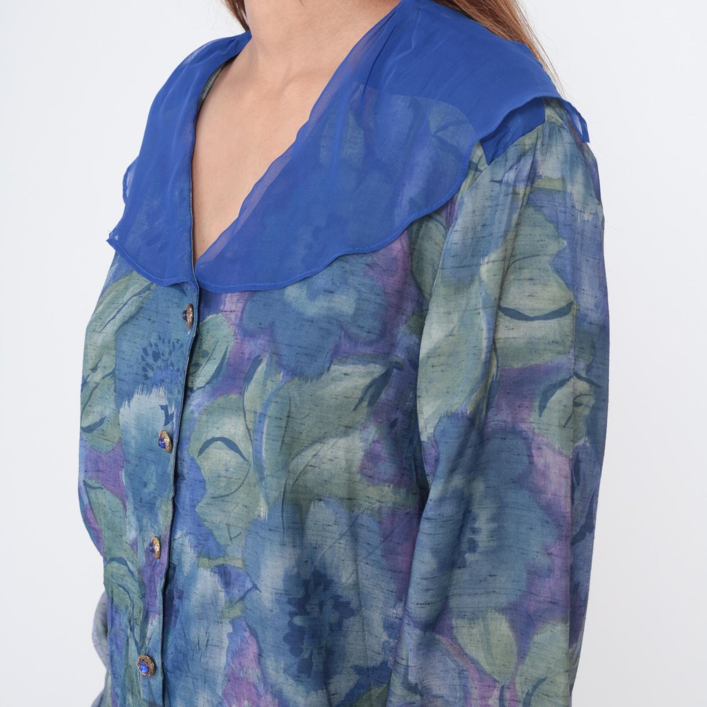 90s Marie St Money Watercolor Floral Button-Down Blouse Blue Purple Large L