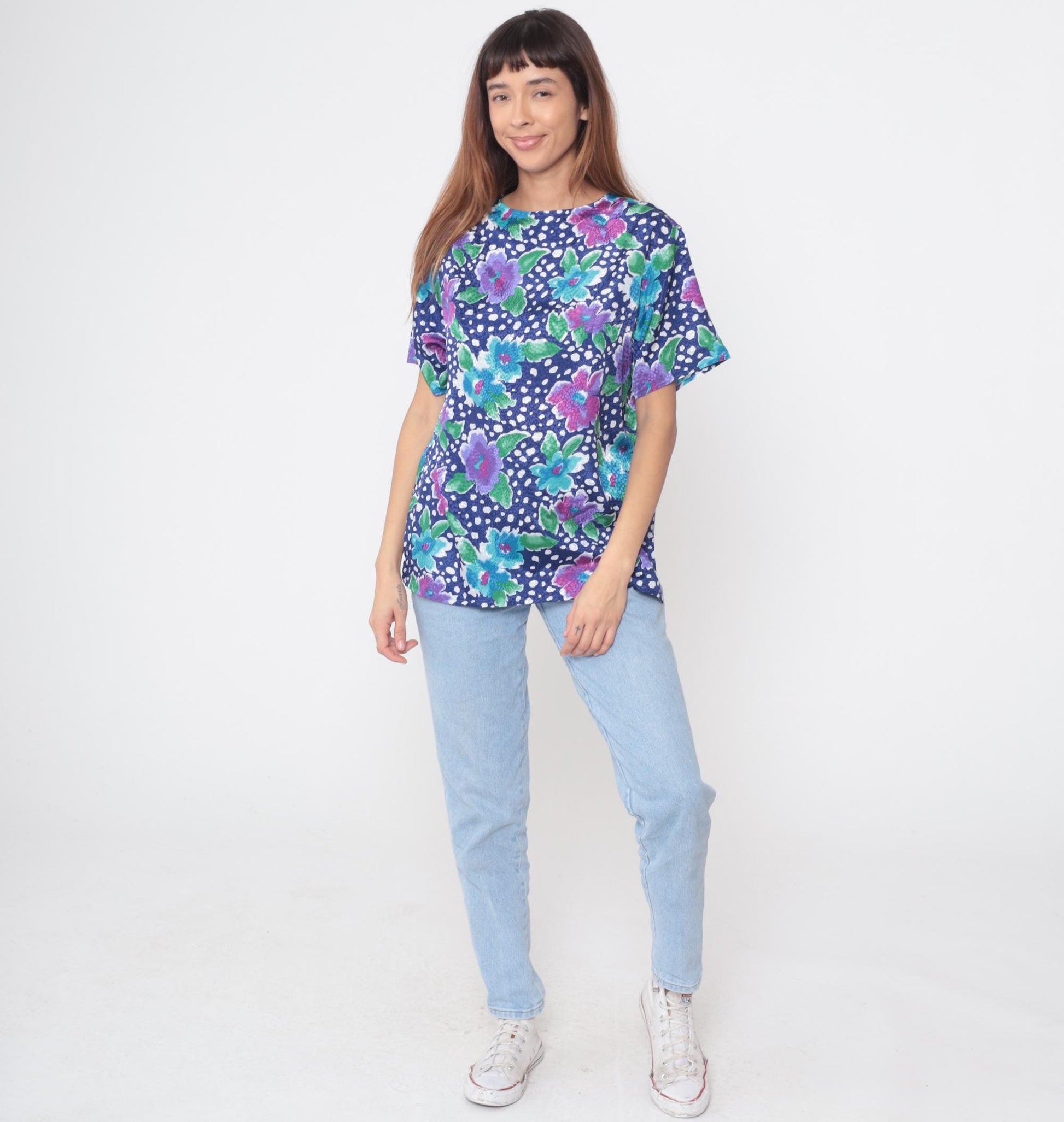 90s Sybil California Floral Polka Dot Blouse Navy Short Sleeve Medium