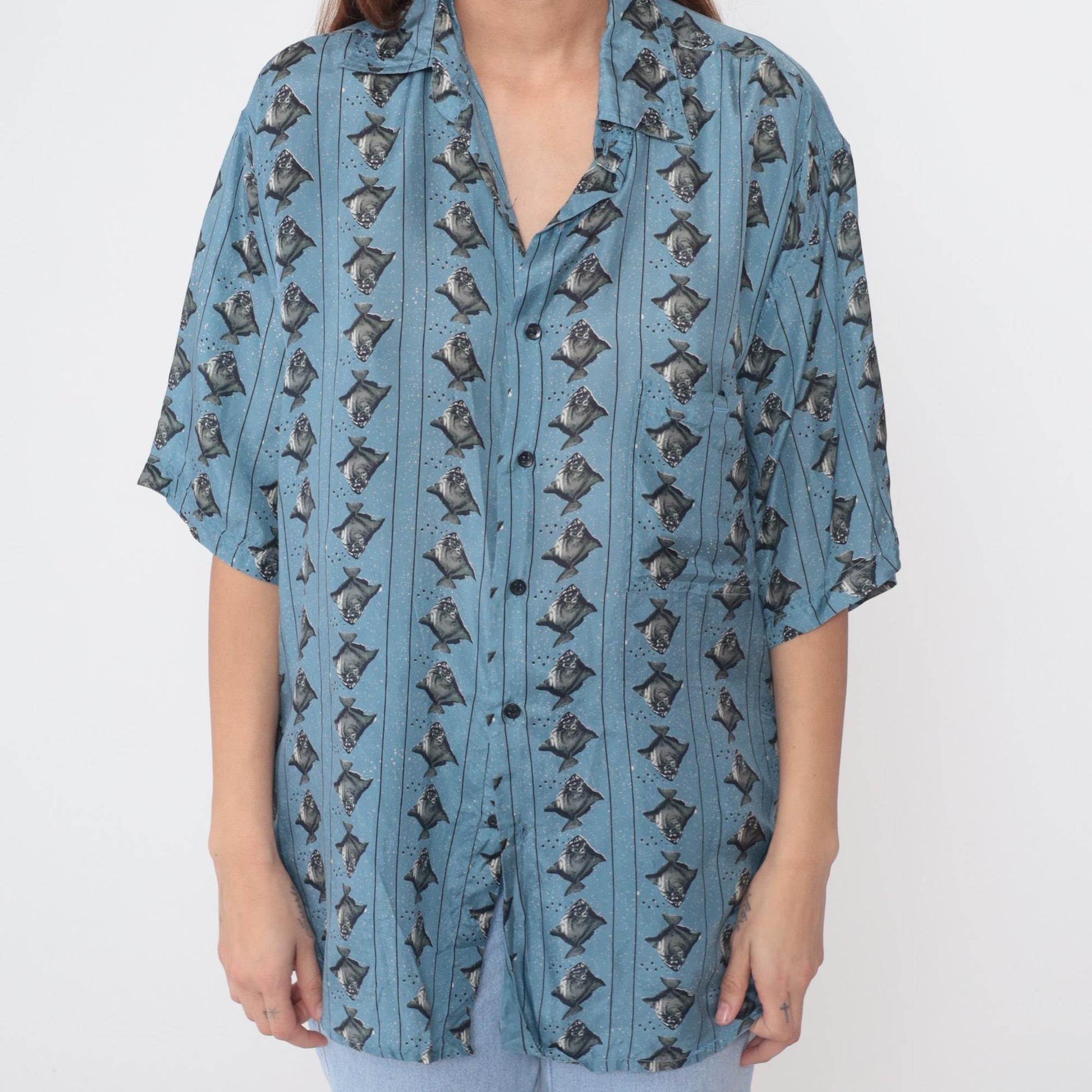 90s Bruno Silk Fish Print Button Down Shirt Blue Medium M