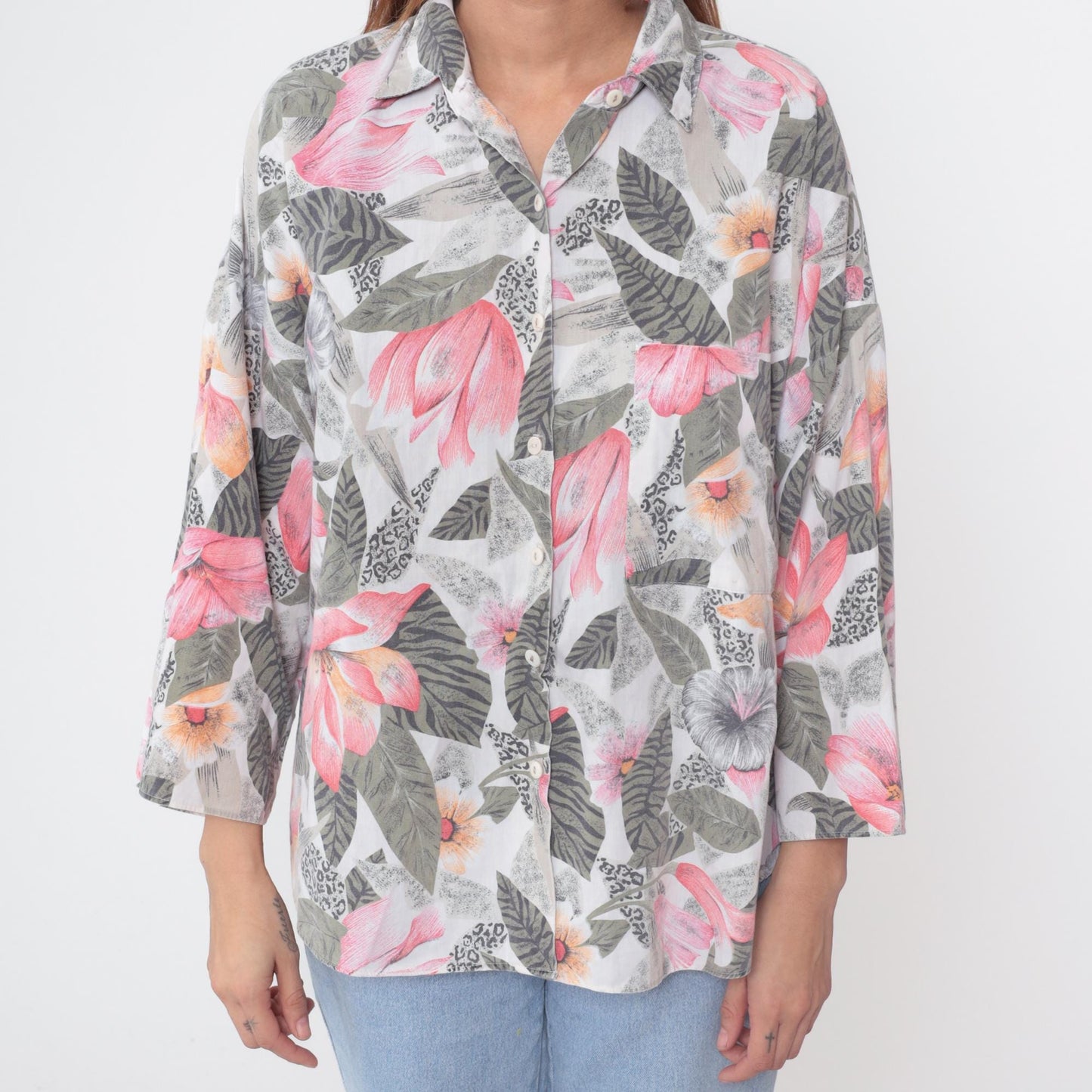 90s Box Office Floral Button Down Shirt Pink Orange Green Tropical Large L