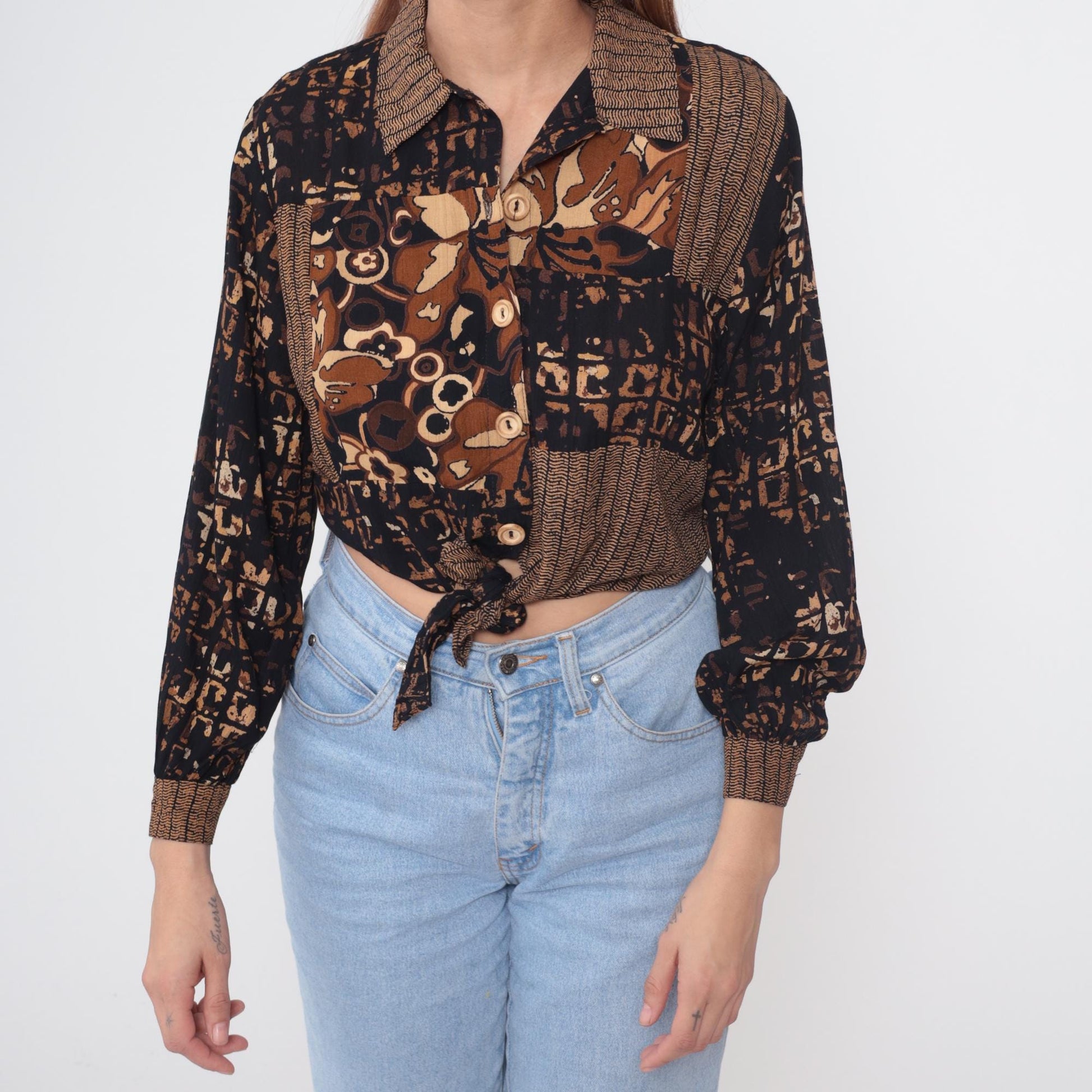 90s Carole Little Abstract Geometric Tie Front Crop Top Brown Small