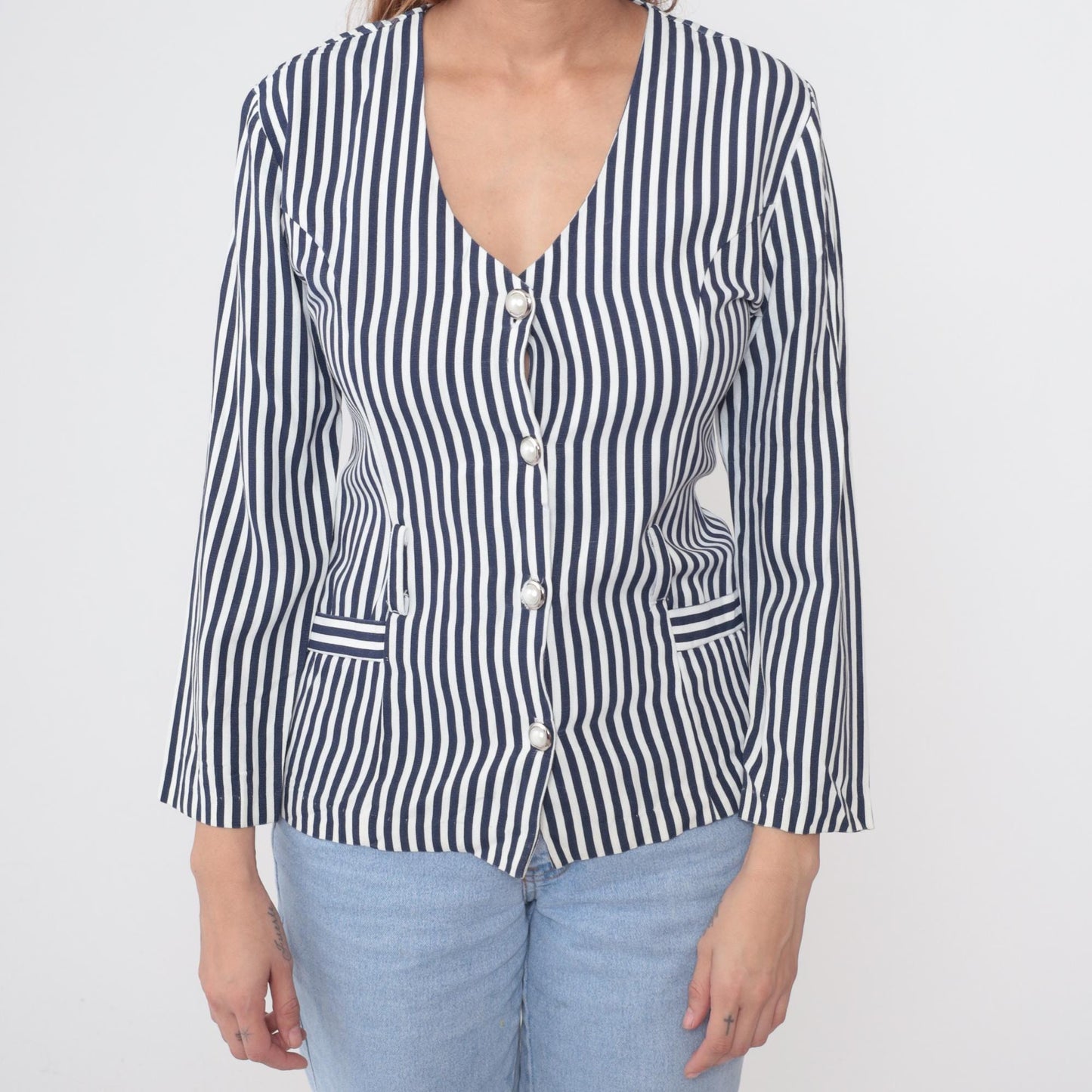 80s Nautical Striped Button-Front Blouse Navy White Pearl Buttons Medium